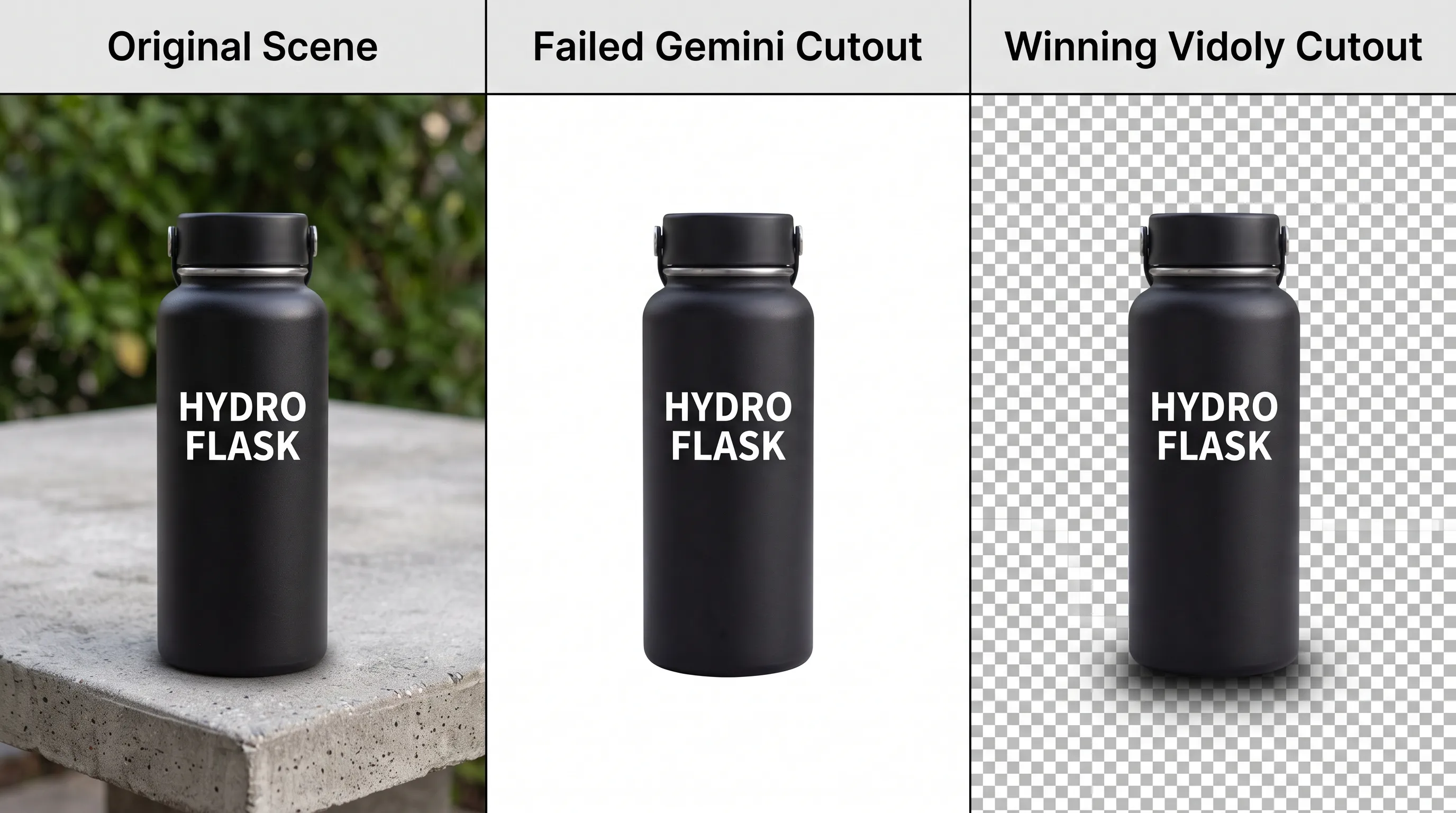 A 3-panel side-by-side product comparison image. Left panel shows a matte-black Hydro Flask insulated water bottle standing on a concrete table with white typography reading "HYDRO FLASK" and a soft natural contact drop shadow underneath the base. Middle panel shows a failed Gemini cutout where all ground surface and contact shadows are deleted, leaving a floaty artificial bottle over a plain white background. Right panel shows a winning Vidoly cutout where the background is removed but the realistic ground contact shadow beneath the base is preserved alongside crisp white "HYDRO FLASK" typography over a transparent checkerboard --ar 1:1