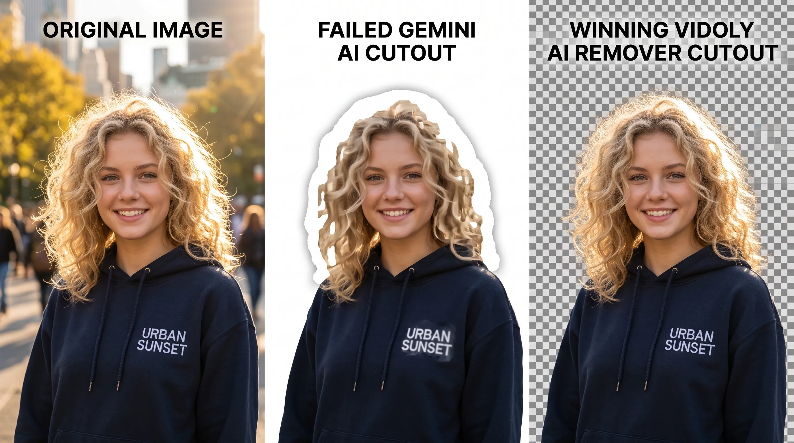 A 3-panel side-by-side comparison image. Left panel shows a raw portrait of a blond female model with flyaway curly hair backlit by strong golden-hour sunlight, wearing a dark navy hoodie with a crisp white embroidered chest logo reading "URBAN SUNSET". Middle panel shows a failed Gemini AI cutout with a solid white halo burned around her hair edges, merged blocky hair strands, a smudged "URBAN SUNSET" logo, and a flat JPEG backdrop. Right panel shows a winning Vidoly AI Remover cutout with sub-pixel alpha feathering preserving fine individual hair strands and a 1:1 razor-sharp "URBAN SUNSET" logo isolated on a transparent checkerboard background --ar 1:1