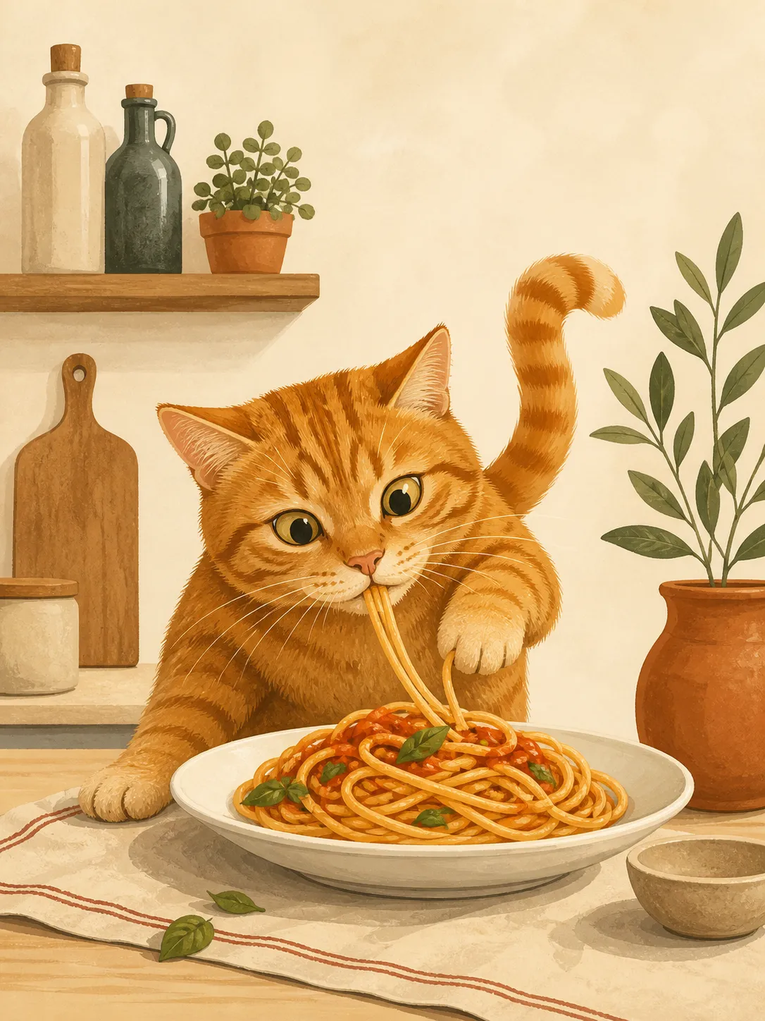 A funny kitchen wall art illustration of a sneaky orange tabby cat stealing spaghetti from a plate, vintage-inspired modern illustration style, warm cream background, soft muted colors, playful but tasteful humor, clean composition, cozy kitchen decor aesthetic, suitable for printable wall art, Etsy digital download, kitchen poster, no text, no logo, no watermark Negative prompt: photorealistic, childish cartoon, ugly cat, distorted paws, messy food, cluttered background, blurry, low quality, text, logo, watermark --ar 3:4