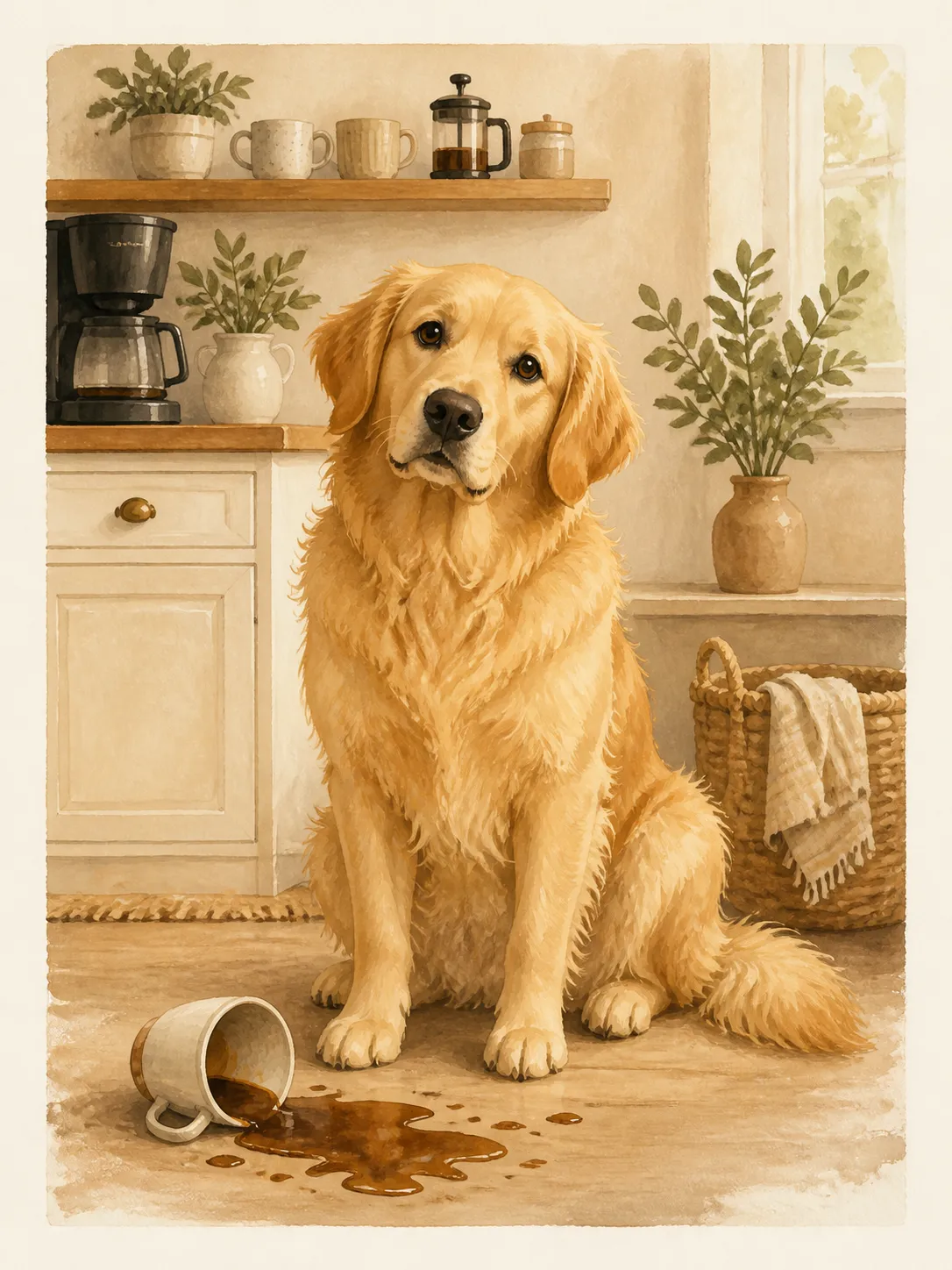 A charming illustrated kitchen print of a golden retriever sitting proudly beside a spilled coffee mug, innocent guilty expression, cozy morning kitchen mood, soft gouache and watercolor style, warm neutral background, playful adult humor, suitable for coffee bar wall art, printable poster, Etsy digital download, no text, no logo, no watermark Negative prompt: photorealistic, aggressive dog, distorted face, extra legs, messy composition, childish cartoon, blurry, low quality, text, logo, watermark --ar 3:4