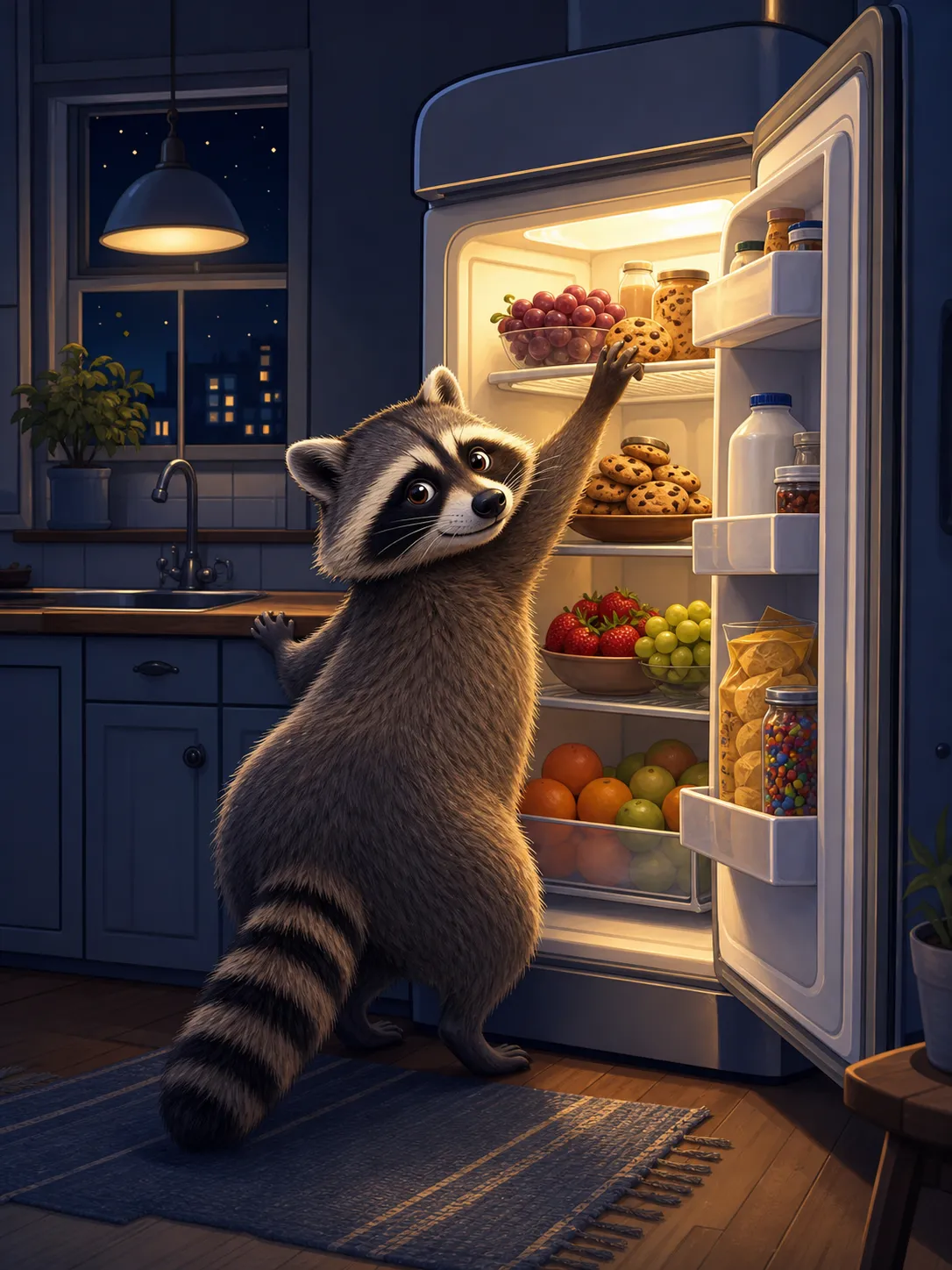 A humorous wall art illustration of a raccoon caught opening a refrigerator at midnight, tiny kitchen light glowing, snacks and fruit inside the fridge, mischievous expression, cozy dark blue and warm yellow color palette, modern storybook illustration style, funny kitchen decor print, suitable for printable wall art and apartment decor, no text, no logo, no watermark Negative prompt: scary raccoon, photorealistic, horror mood, dirty kitchen, messy clutter, bad anatomy, blurry, low quality, text, logo, watermark --ar 3:4