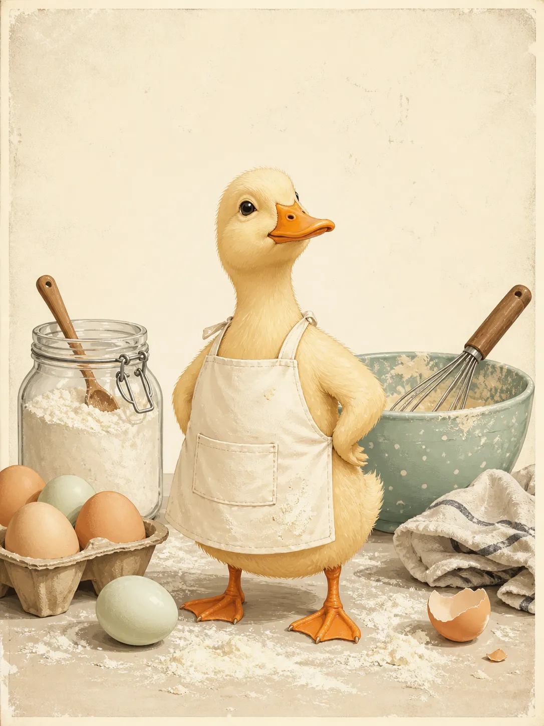 A playful kitchen wall art illustration of a small duck wearing a simple chef apron, standing proudly in front of a slightly chaotic baking scene with flour, eggs and a mixing bowl, cute but not childish, modern vintage poster style, soft pastel colors, clean cream background, suitable for kitchen decor, printable wall art, Etsy digital download, no text, no logo, no watermark Negative prompt: photorealistic, childish cartoon, messy unreadable scene, distorted beak, extra wings, low quality, blurry, text, logo, watermark --ar 3:4