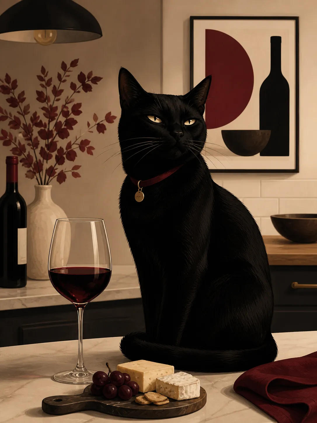 A stylish funny kitchen wall art illustration of a black cat sitting beside a glass of red wine and a small cheese board, sophisticated but humorous mood, modern editorial illustration style, muted burgundy, cream and charcoal color palette, cozy apartment kitchen decor aesthetic, suitable for printable wall art, wine bar poster, Etsy digital download, no text, no logo, no watermark Negative prompt: photorealistic, scary black cat, messy table, distorted glass, childish cartoon, blurry, low quality, text, logo, watermark --ar 3:4