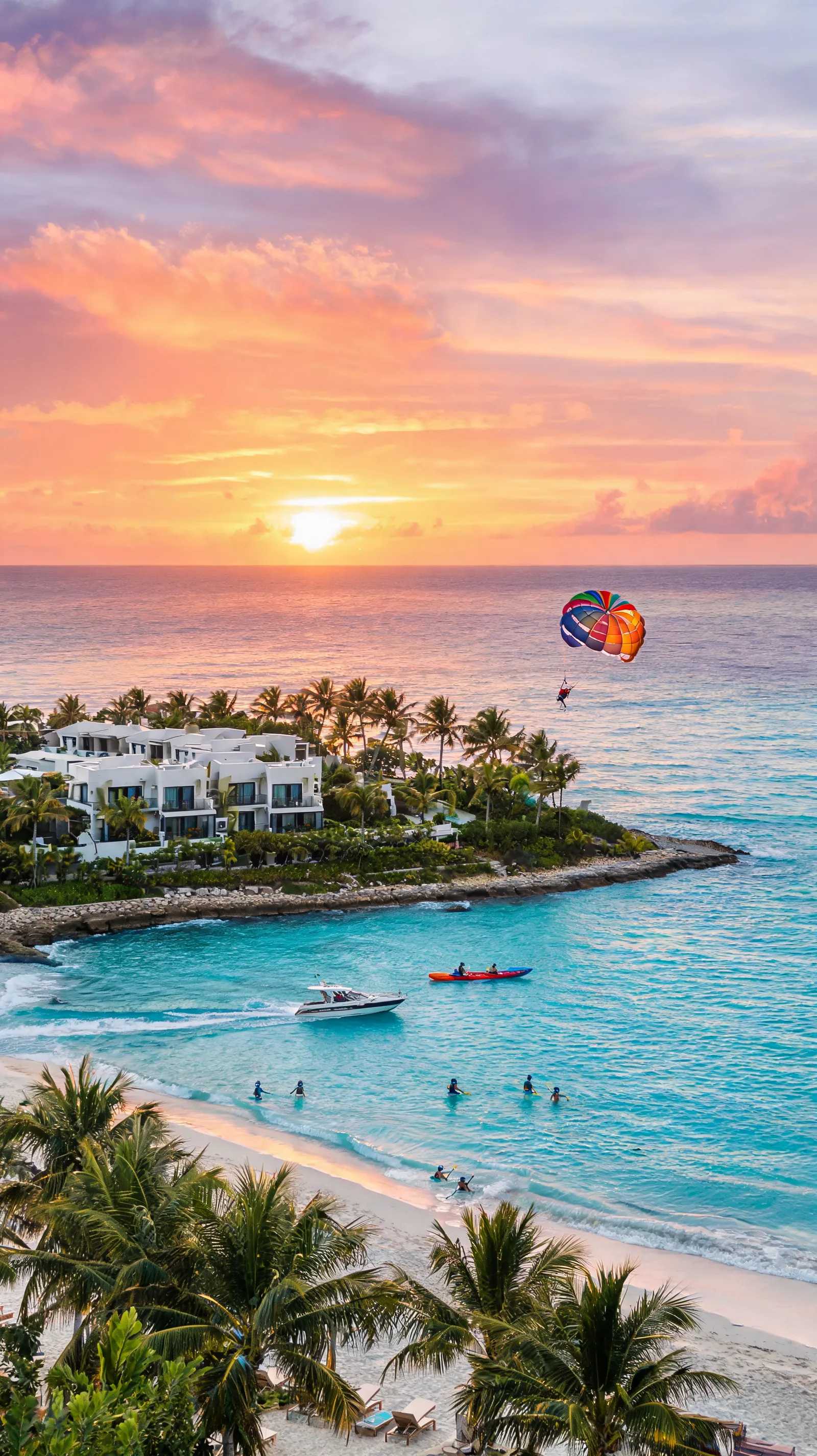 Azure beach, luxury resort, palm trees, sunset, adventure activities