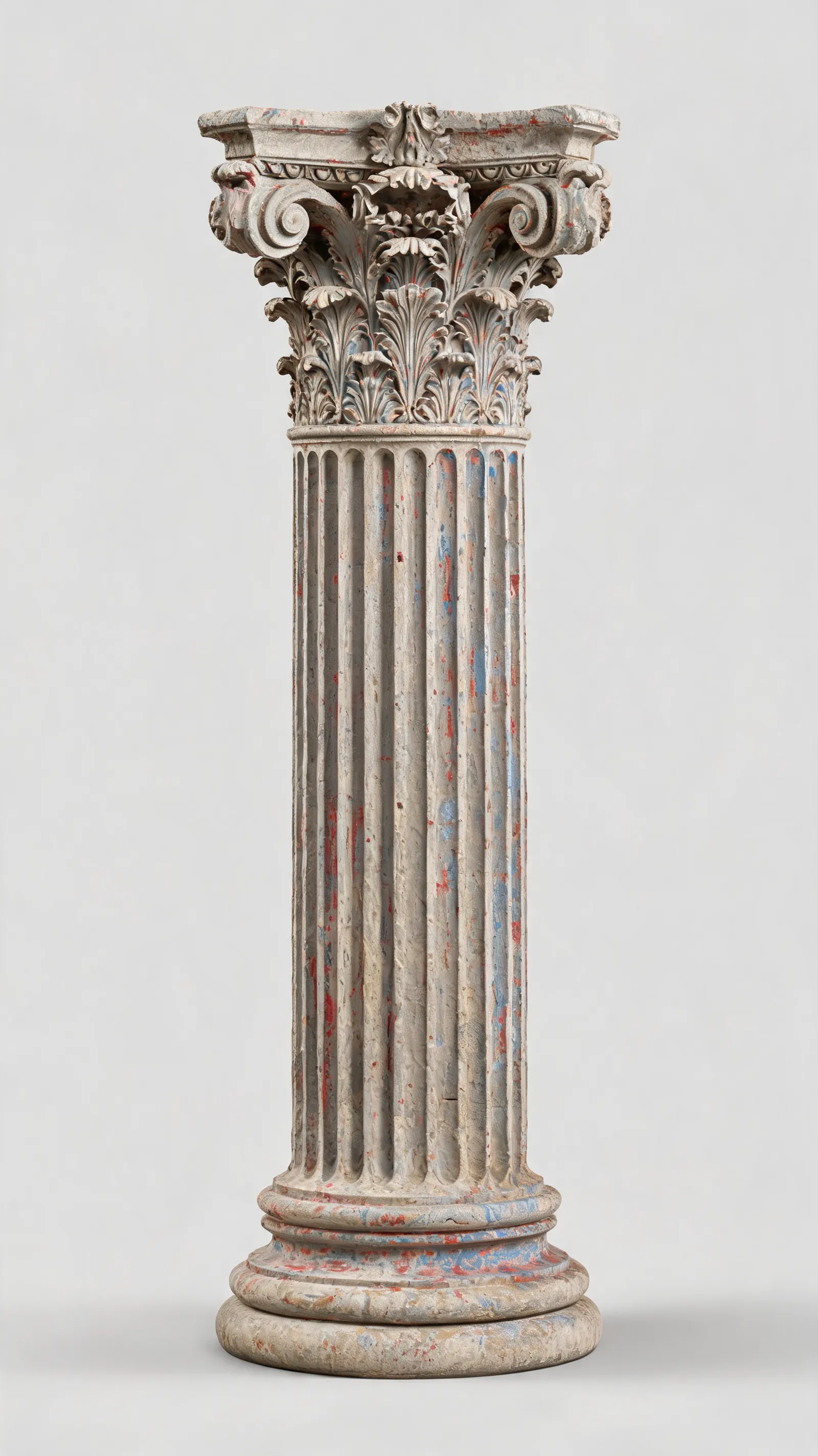 A classical Roman column with a Corinthian capital, featuring acanthus leaves and scrolls. The column shaft shows fluting and subtle weathering, while the base includes moldings typical of the order. Traces of ancient paint are visible in recessed areas.