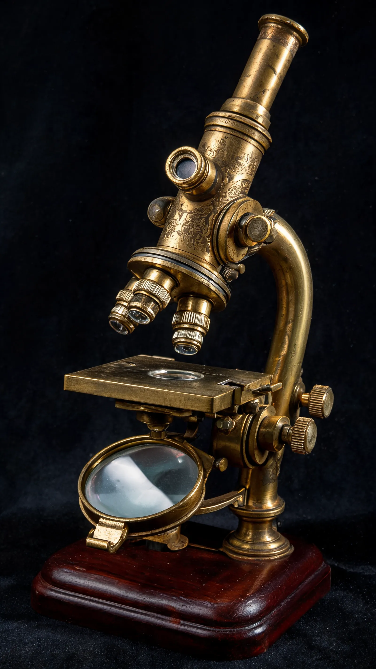 A Victorian-era brass microscope with fine adjustment knobs, a rotating lens turret, and an angled eyepiece. The microscope sits on a wooden base with a mirror for light reflection, showcasing the craftsmanship of early scientific instruments.