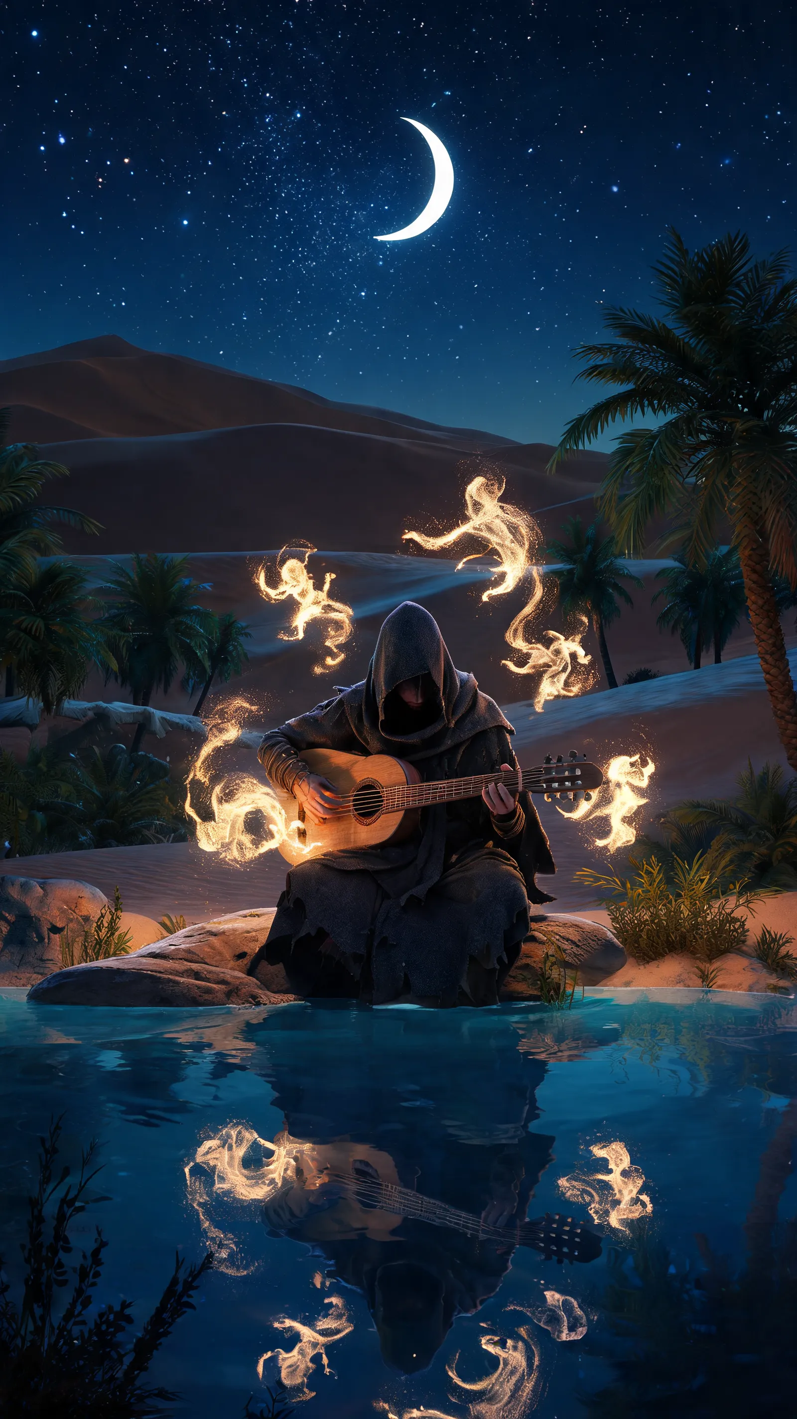 A mysterious bard playing an instrument by an oasis, with sand spirits dancing around.