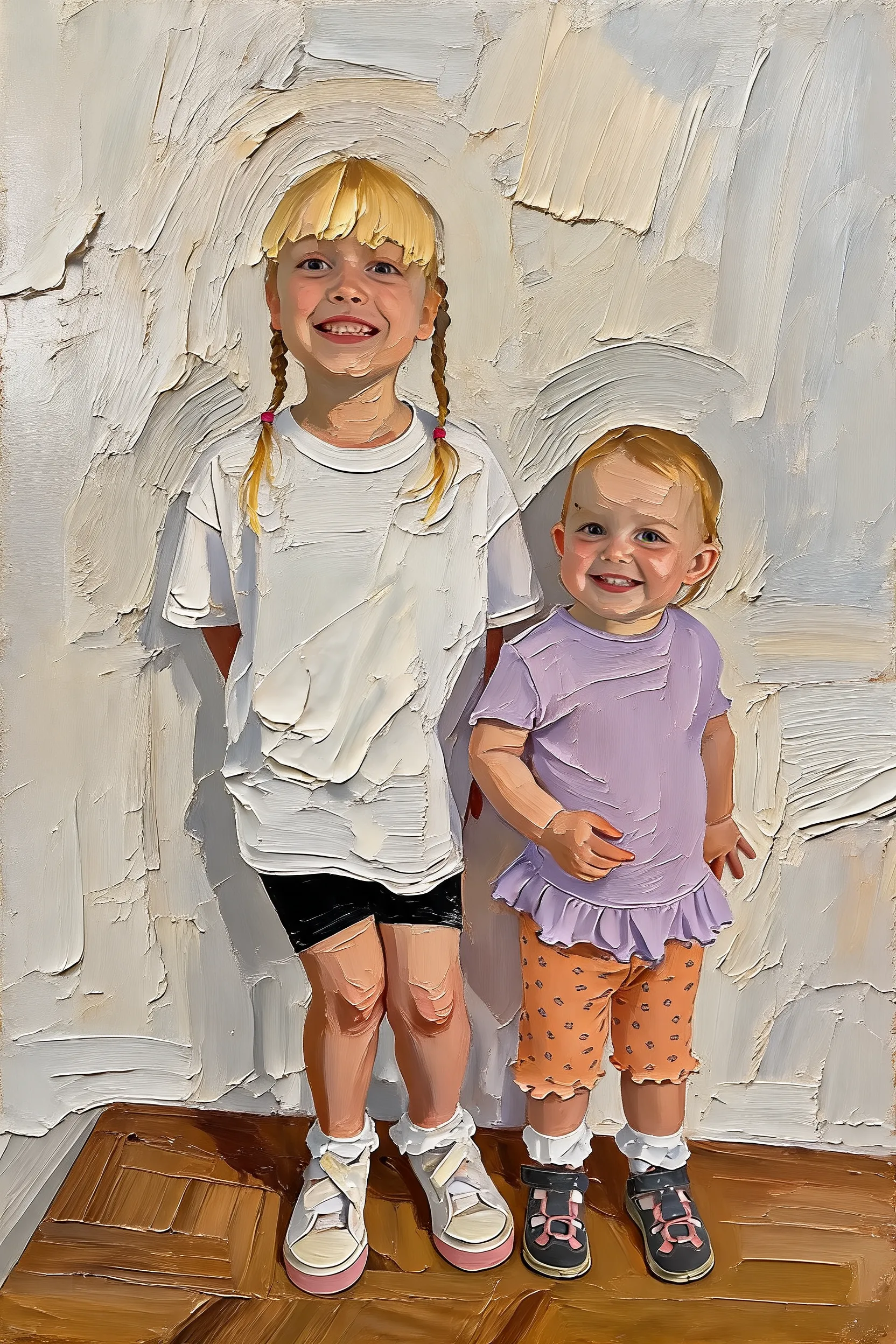 Transform this portrait into a high-end, heavily textured palette-knife abstract oil painting. Reinterpret the source subject not as a photo, but through bold masses of thick, layered impasto paint and energetic color-block collisions. The brushstrokes must be incredibly distinct and chaotic, with raw, scraped edges defining the silhouette cues and emotional energy. While fine facial details are gone, the core posture, emotional tone, and spiritual essence must remain perceptible through the massive paint movement. Render the background with the same thick, painterly language to create a unified, visually heavy, and emotionally charged abstract masterpiece.