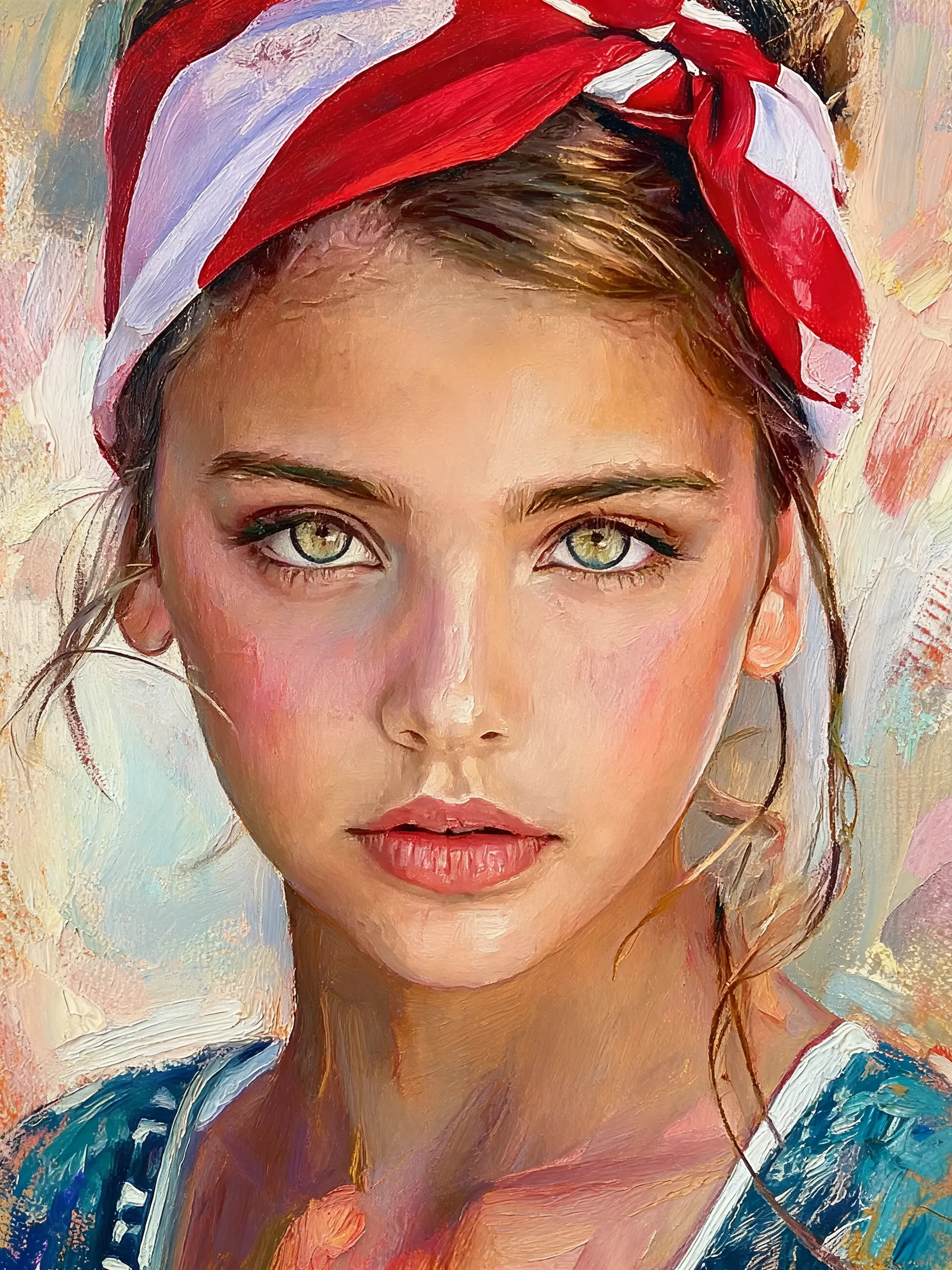 convert this into multi color oil painting keep facial characteristics same and use multicolor more