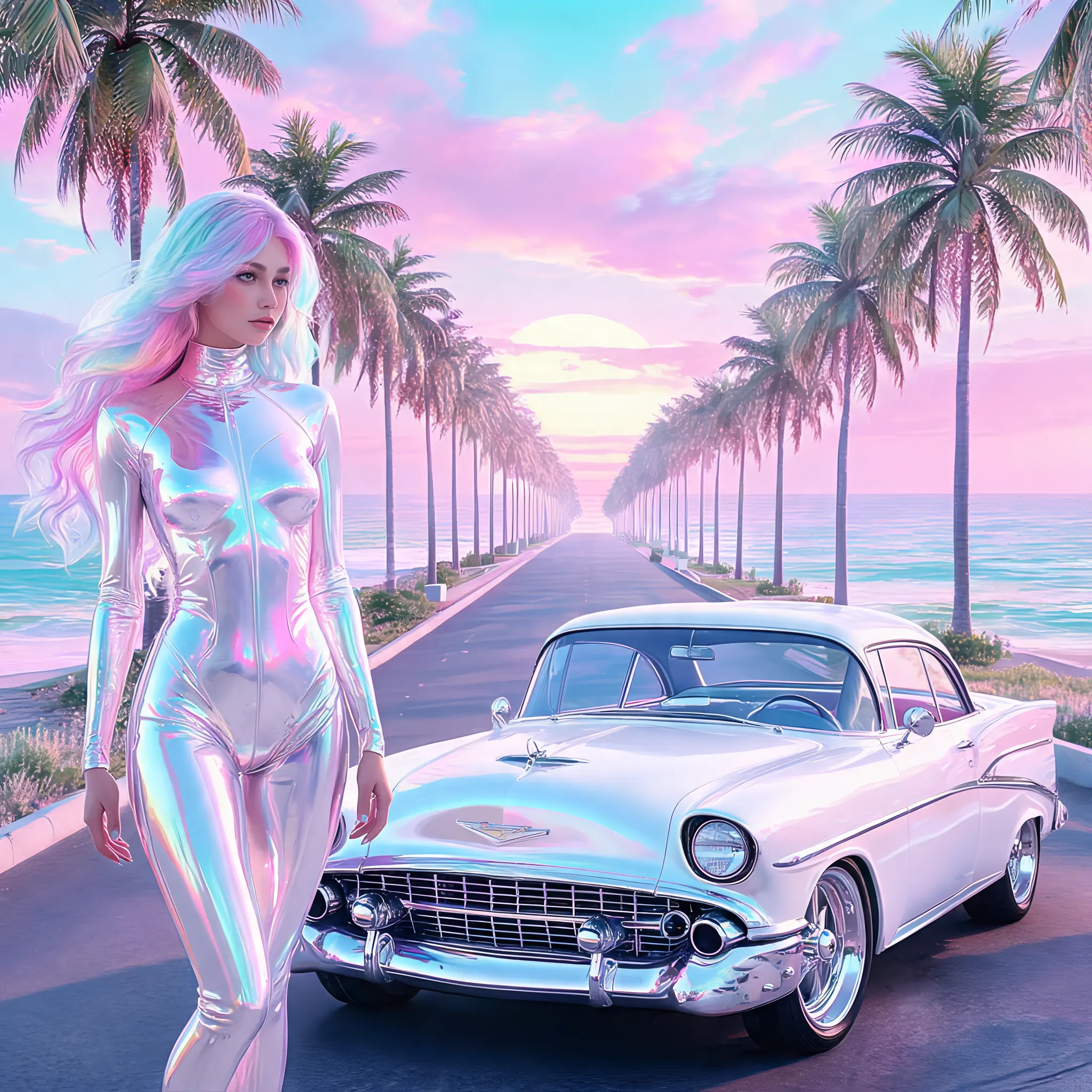 (vaporwave aesthetic:1.2) . concept art illustration, smooth, colorful une femme en pied les cheveux multicolore elle porte une combinaison blanche métal blanc holographique brillant elle se tient à côté d'une hot rod en métal blanc holographique brillant en arrière plan la mer une avenue des palmiers surréaliste ultra réaliste