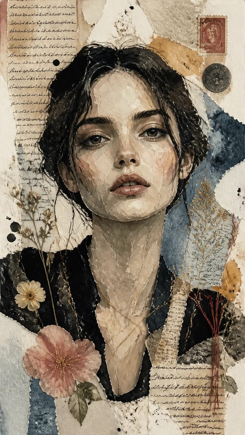 A portrait composed from torn paper, handwritten journal pages, vintage stamps, pressed flowers, ink splashes, embroidery threads, newspaper clippings, and watercolor washes. Every material blends into a harmonious composition with strong emotional storytelling. Contemporary mixed-media editorial illustration, museum-quality craftsmanship.