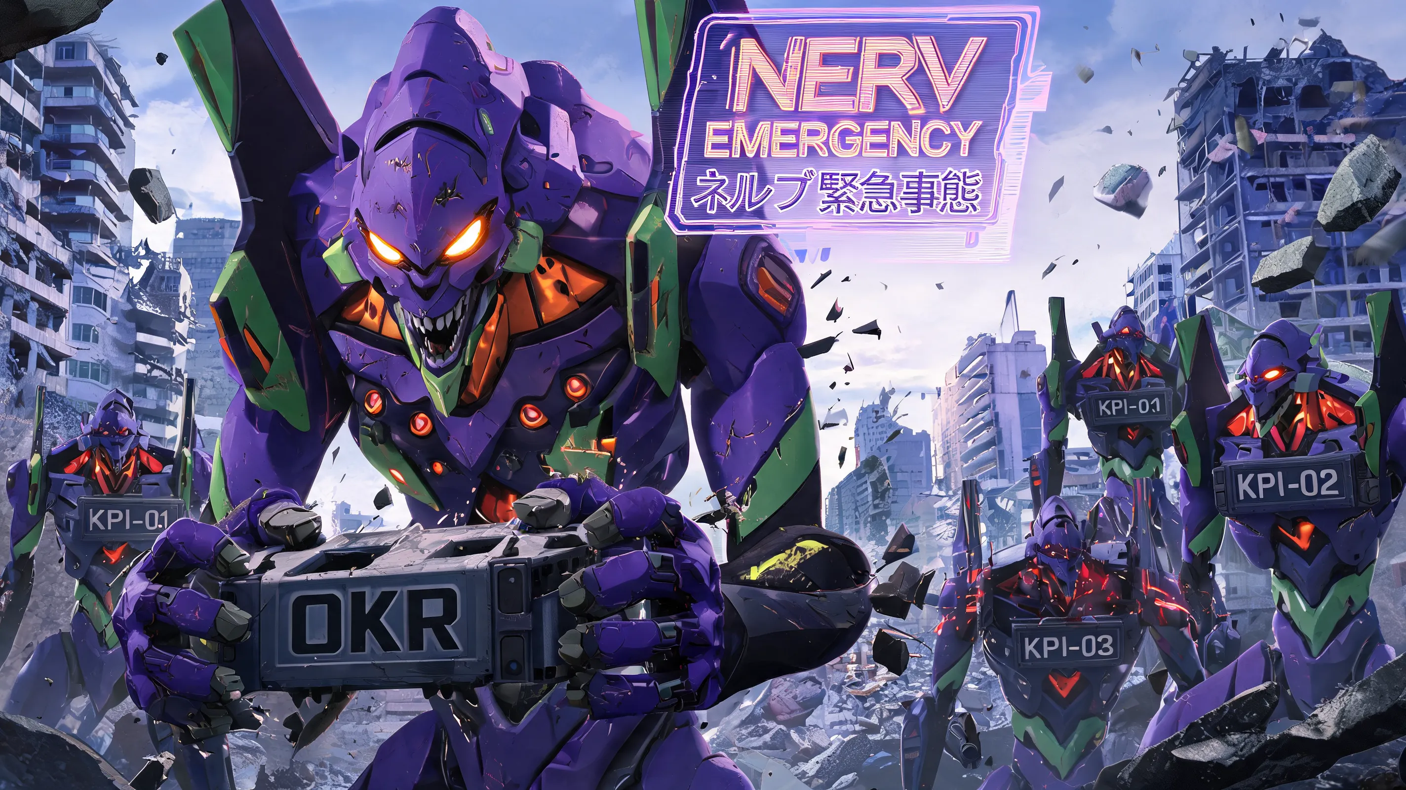 EVA Unit-01 berserker mode, tearing apart a wage restraint device labeled "OKR" with bare hands, multiple mass-production EVA units in background with "KPI" serial numbers on chests, some in Dummy System malfunction state, Third New Tokyo City ruins, floating holographic "NERV EMERGENCY" warning text in Japanese cyber font, purple + neon orange color scheme, battle damage effects, mechanical debris, high contrast, dramatic lighting, cinematic composition, anime style, 8k resolution.