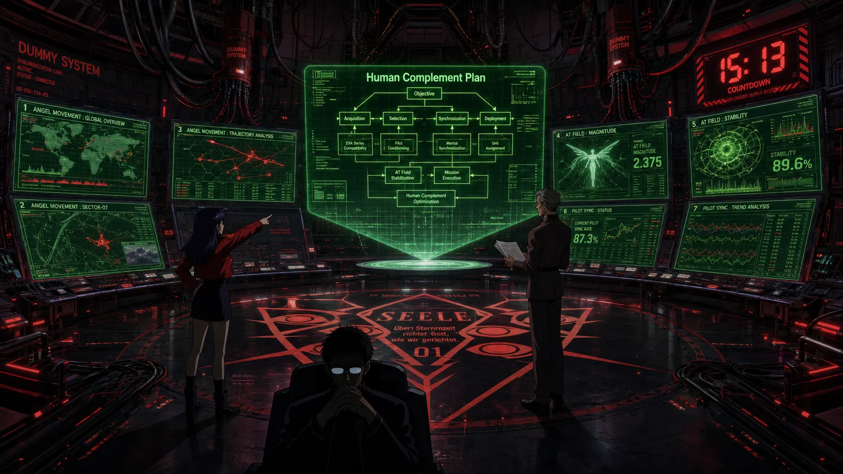 Semi-circular command bridge hall, central floating holographic projection of "Human Complement Plan" flowchart, surrounded by 7 monitoring screens displaying Angel movement data / AT Field values / pilot sync rates, Commander Gendo Ikari sitting alone in shadow with reflective glasses hiding eyes, Vice Commander Fuyutsuki holding paper documents standing near hologram, Captain Misato Katsuragi pointing at tactical panel, floor cables forming giant Seele emblem, background digital clock showing "15:13" countdown, Dummy System cables hanging from ceiling, NERV signature blood red + fluorescent green data streams, cyberpunk lighting, Ghost in the Shell style, high-tech atmosphere, wide angle shot.