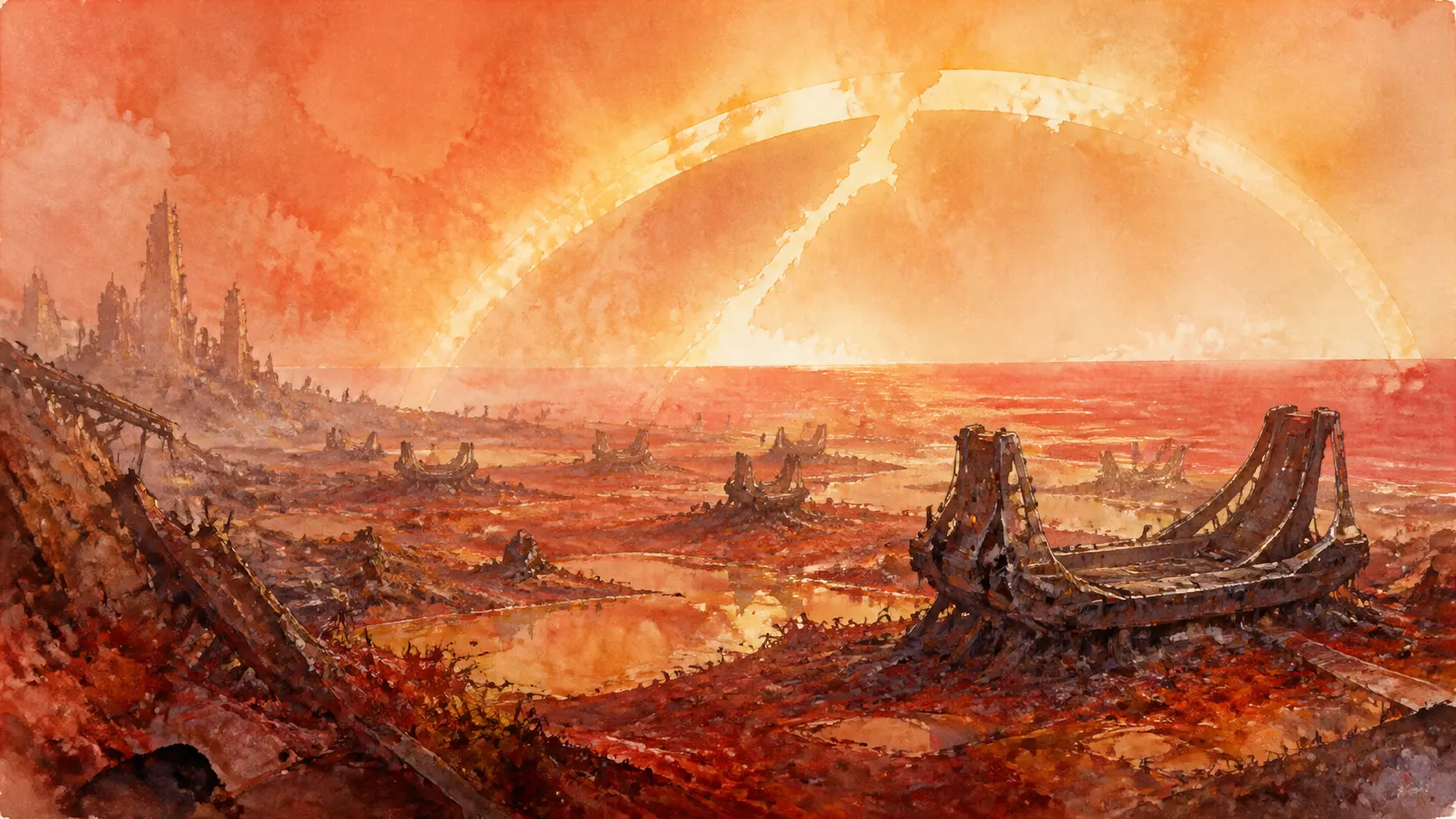 Post-Third Impact wasteland, vast land contaminated by L-Barrier showing rust-red and oxidized tones, distant remnants of colossal glowing halo in the sky, ruined structures dissolving into LCL fluid, empty EVA transport cradles scattered, crimson sea horizon, orange-tinted atmosphere, desolate and haunting beauty, watercolor and ink texture, transparent haze, abstract pastel colors, evangelion post-impact aesthetic, melancholic mood, panoramic landscape, ethereal lighting.