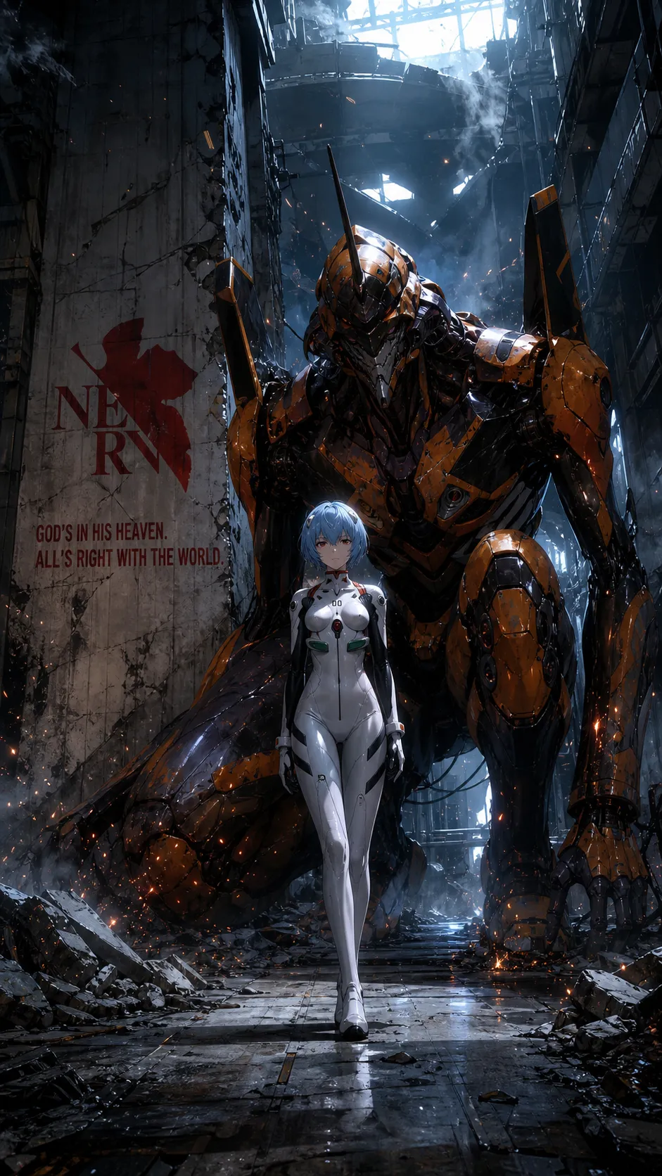 Cinematic vertical sci-fi anime poster, gritty NERV hangar corridor, a pale blue short-haired girl in white plug suit walking calmly in the center foreground, a massive orange-black EVA unit crouching protectively behind her, ruined industrial zone setting with collapsed steel beams and shattered concrete, smoke steam and electric sparks in the air, large NERV logo on left wall with text "GOD'S IN HIS HEAVEN. ALL'S RIGHT WITH THE WORLD.", low-angle composition, strong depth of field, photorealistic texture, hard-edge rim lighting, cool steel-blue shadows, warm spark highlights, high contrast, ominous atmosphere, mecha anime style, 8k.