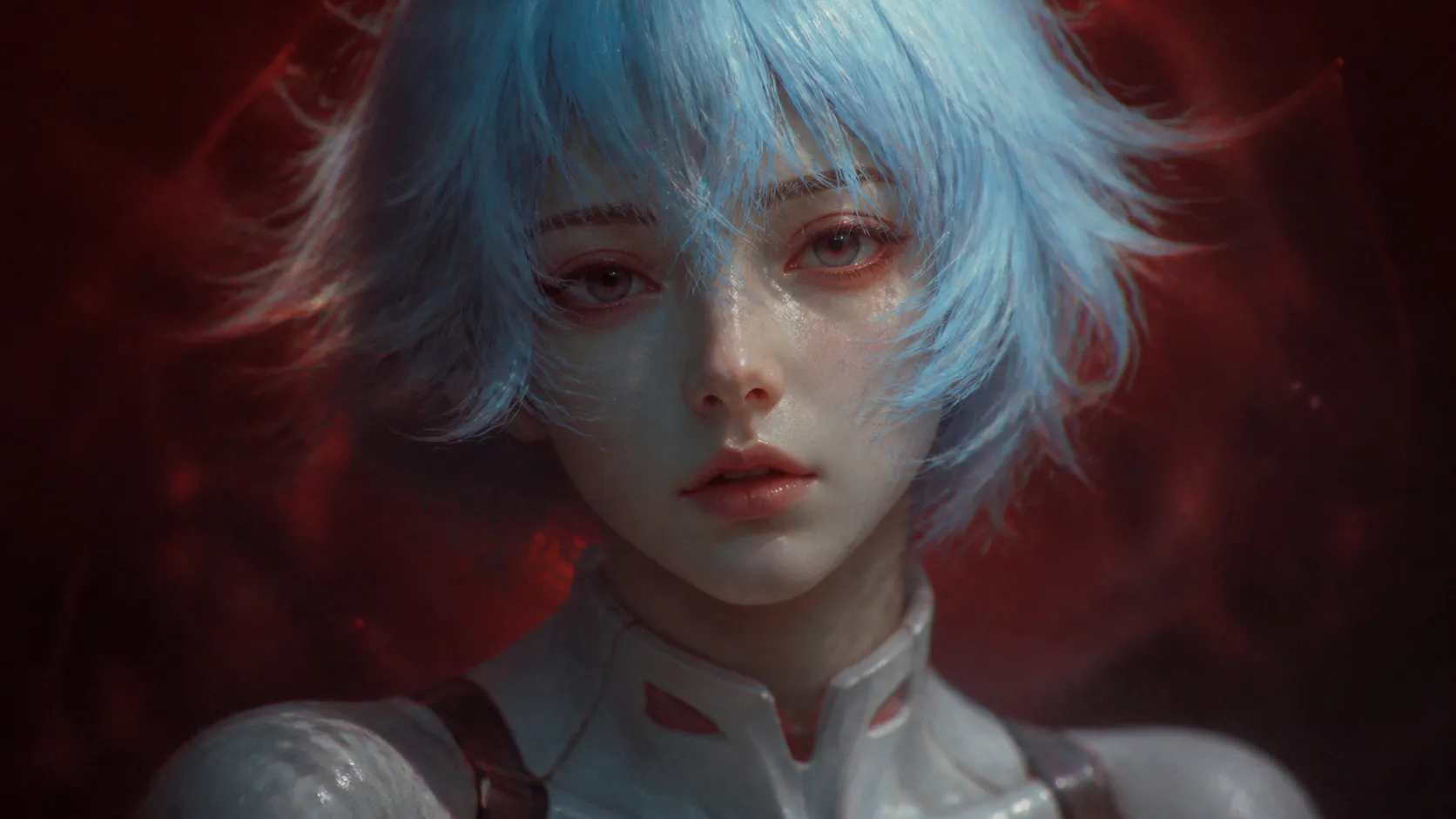 Ethereal and pure Rei Ayanami from Evangelion, soft-focus blurry portrait against a dark crimson background, short pale blue hair with wild flowing strands, stunning facial features, Rembrandt lighting, reflections and refractions, textured skin, glowing bloom and haze effect, high grain and film noise, minimalistic composition, soft-focus aesthetic, emotional and introspective mood, impressionistic oil painting texture, cinematic portrait photography style, low saturation, melancholic expression, 4k.