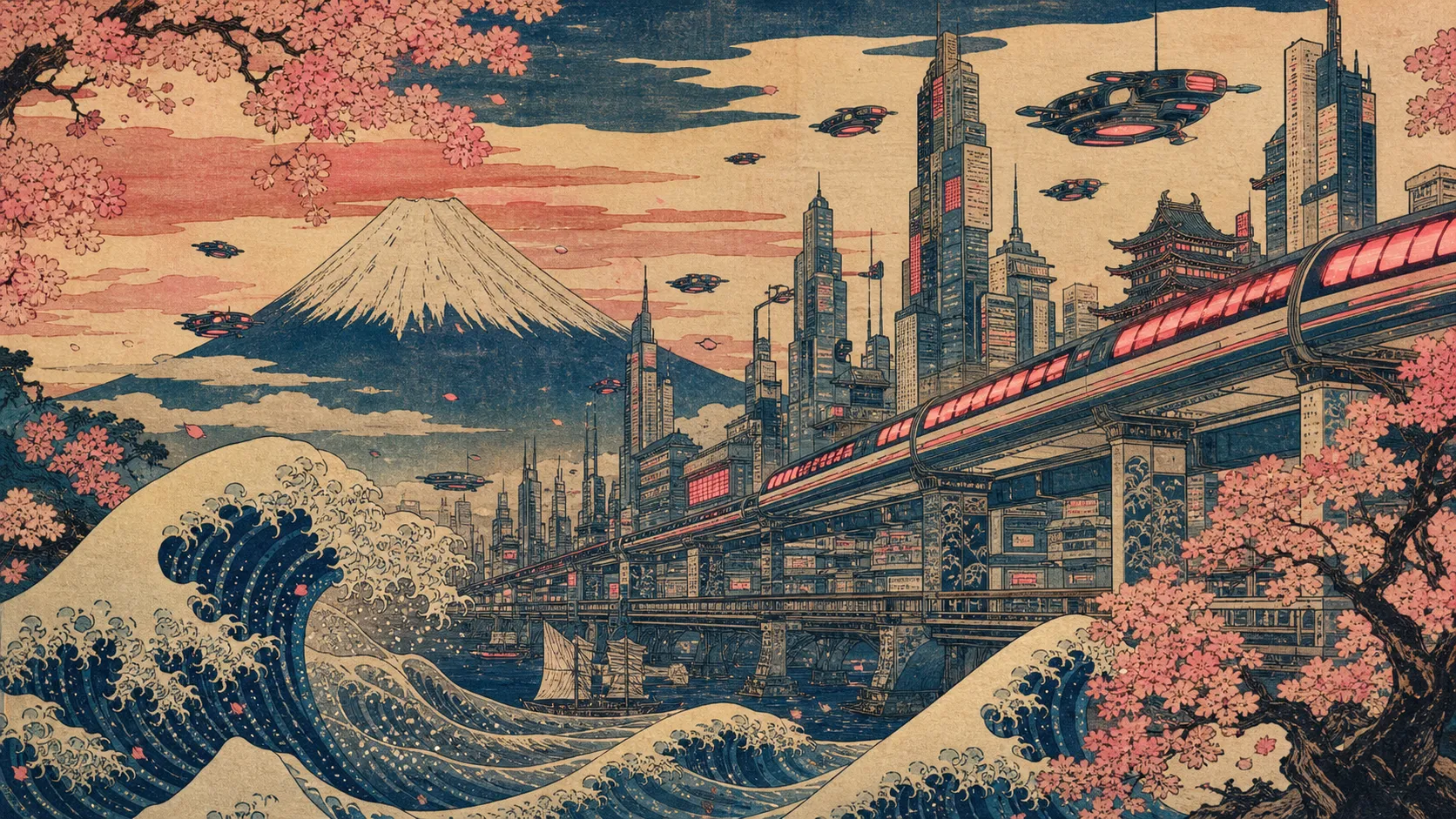 A futuristic skyline depicted entirely in traditional ukiyo-e woodblock style. Neon trains, floating drones, and towering skyscrapers merge harmoniously with stylized ocean waves, cherry blossoms, and Mount Fuji. Rich woodblock textures, elegant composition, historical-meets-futuristic illustration.