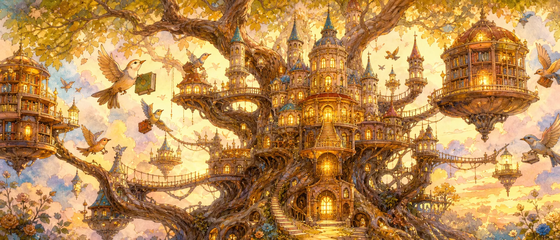 A magnificent castle growing from the branches of an ancient tree. Tiny bridges connect glowing towers while birds carry books between floating libraries. Rich storybook illustration with detailed architecture, watercolor and colored pencil textures, magical golden lighting.