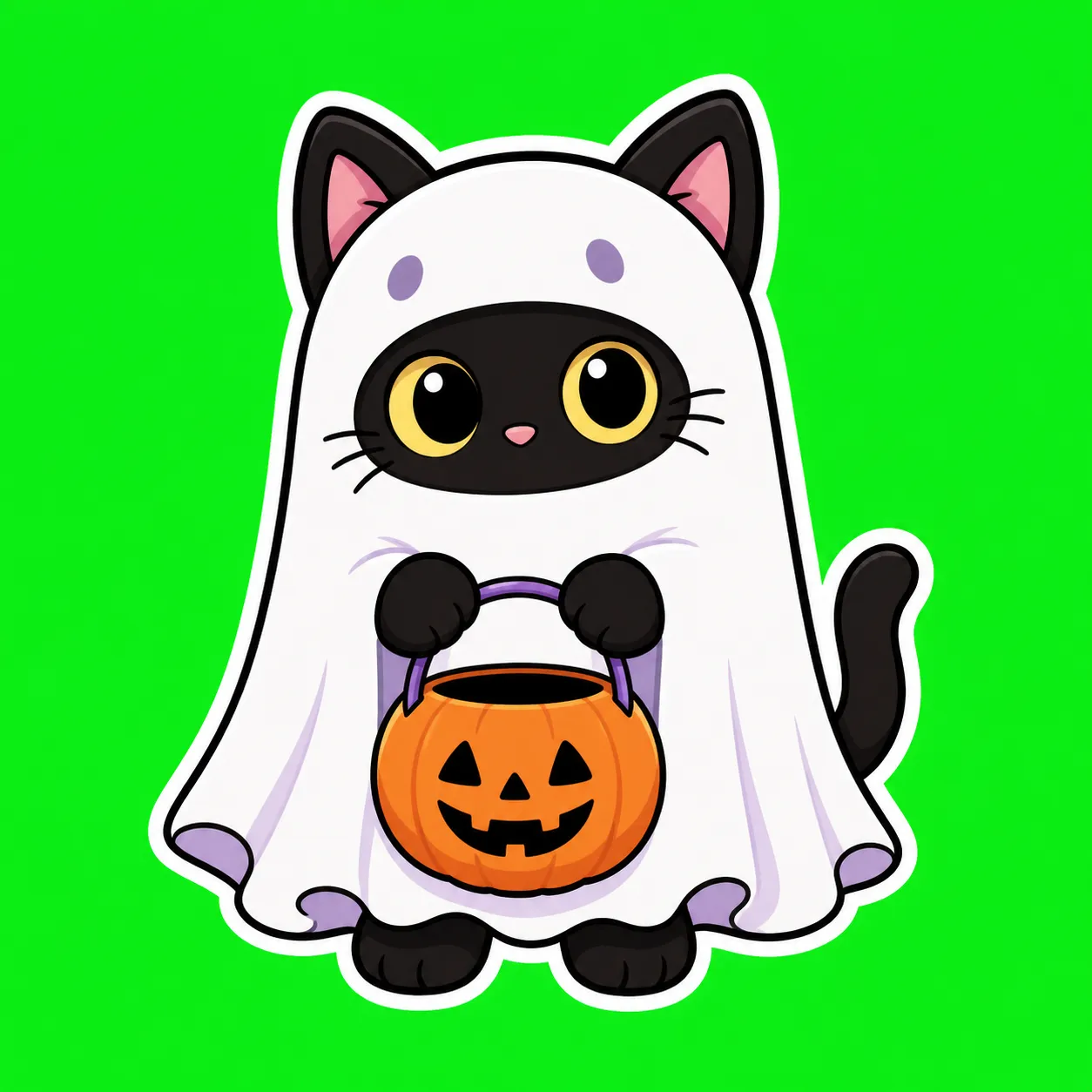 A cute spooky black cat wearing a tiny white ghost sheet costume, only its ears and bright curious eyes showing, holding a small pumpkin bucket, clean bold outline, soft pastel Halloween colors, charming and funny expression, sticker design, transparent background style, suitable for Etsy sticker, Discord emoji, Halloween printable, no text, no logo, no watermark Negative prompt: scary horror, gore, realistic photo, creepy eyes, messy outline, cluttered background, distorted paws, extra limbs, blurry, low quality, text, logo, watermark --ar 1:1