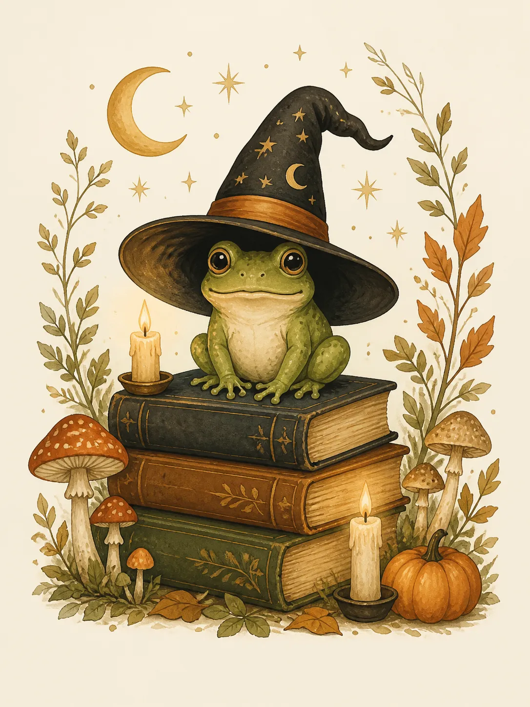 A whimsical Halloween wall art illustration of a small green frog wearing an oversized witch hat, sitting on a stack of old books with tiny candles, mushrooms and stars around it, cozy magical mood, soft gouache illustration style, warm muted autumn colors, cute but not childish, suitable for printable wall art, nursery decor, cottagecore Halloween print, no text, no logo, no watermark Negative prompt: photorealistic, scary frog, horror, gore, messy composition, harsh colors, distorted anatomy, blurry, low quality, text, logo, watermark --ar 3:4