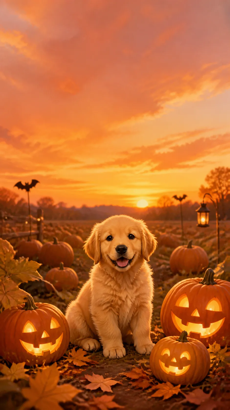 A cozy vertical phone wallpaper of a cute golden retriever puppy sitting inside a carved pumpkin patch at sunset, tiny bat-shaped decorations, warm orange light, soft autumn leaves, playful Halloween atmosphere, painterly digital illustration style, clean vertical composition with empty space near the top for phone icons, no text, no logo, no watermark Negative prompt: scary dog, realistic photo, dark horror, gore, messy background, distorted face, extra legs, blurry, low quality, text, logo, watermark --ar 9:16