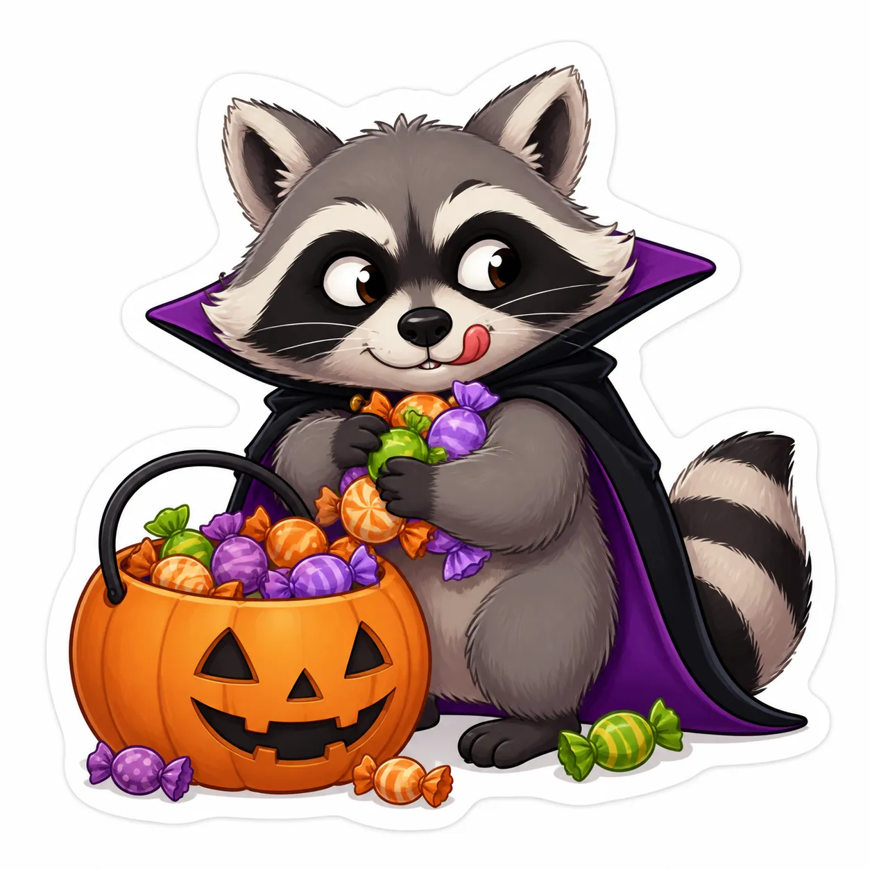 A funny Halloween sticker illustration of a mischievous raccoon stealing candy from a trick-or-treat bowl, wearing a tiny vampire cape, playful guilty expression, bold clean silhouette, soft orange purple and cream color palette, modern cute illustration style, suitable for Halloween sticker sheet, social media emoji, print-on-demand design, no text, no logo, no watermark Negative prompt: scary raccoon, realistic photo, horror, dirty trash scene, messy details, distorted face, extra limbs, blurry, low quality, text, logo, watermark --ar 1:1