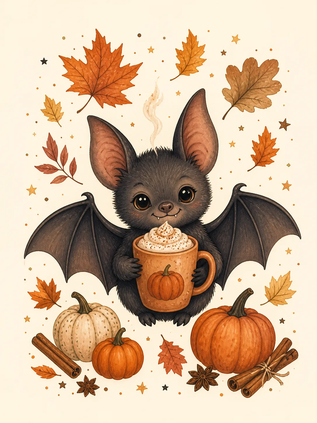 A charming autumn Halloween kitchen print of a cute little bat holding a warm mug of pumpkin spice coffee, surrounded by tiny stars, cinnamon sticks, pumpkins and falling leaves, cozy spooky season mood, modern vintage illustration style, cream background, tasteful and warm, suitable for coffee bar wall art, Etsy printable, seasonal decor, no text, no logo, no watermark Negative prompt: scary bat, vampire horror, photorealistic, gore, messy layout, oversaturated colors, distorted wings, blurry, low quality, text, logo, watermark --ar 3:4