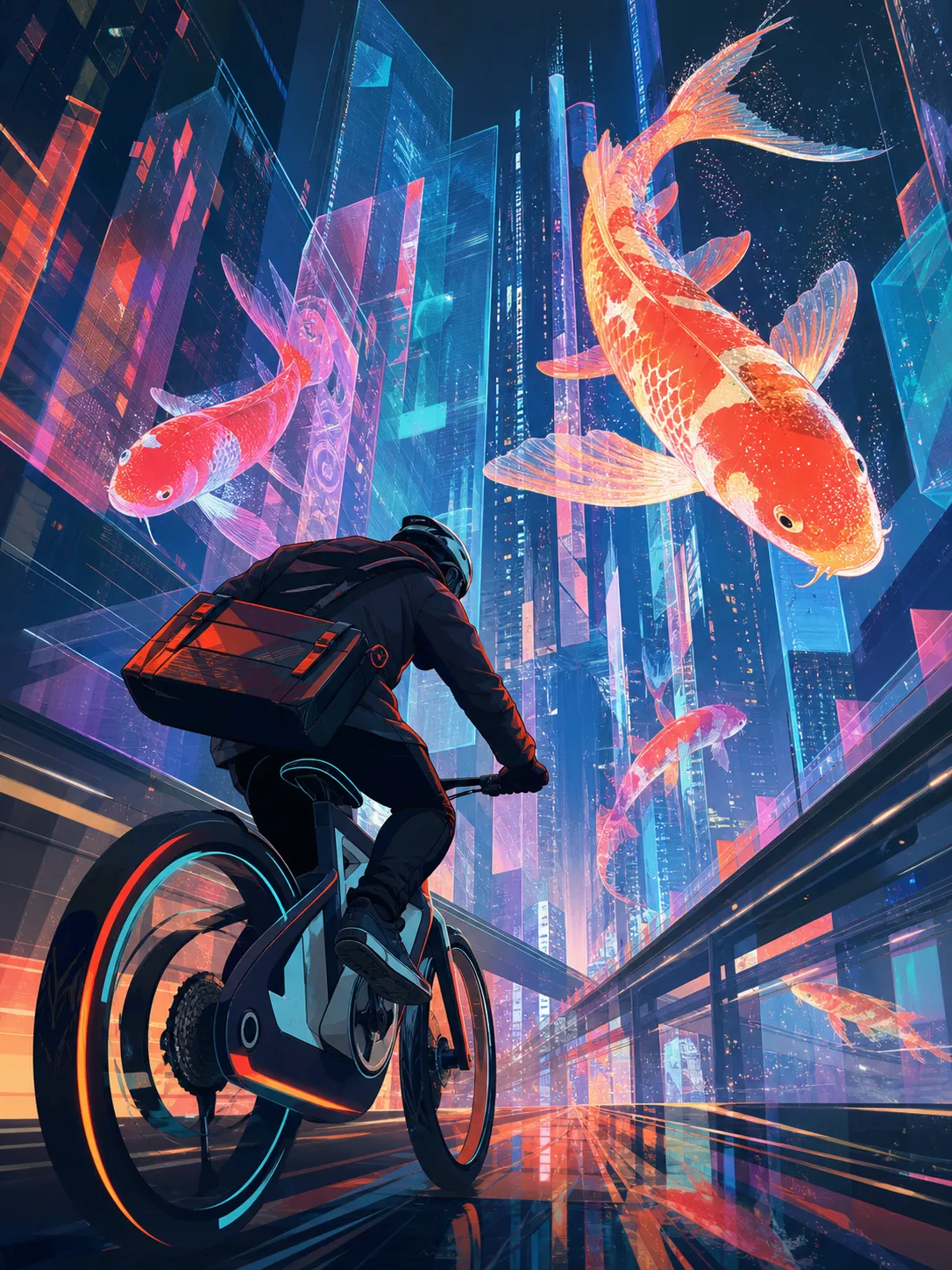 A courier riding a futuristic bicycle through towering holographic streets while oversized digital koi fish swim between skyscrapers. Graphic editorial illustration combining clean vector shapes, grain textures, bold perspective, and neon color gradients.