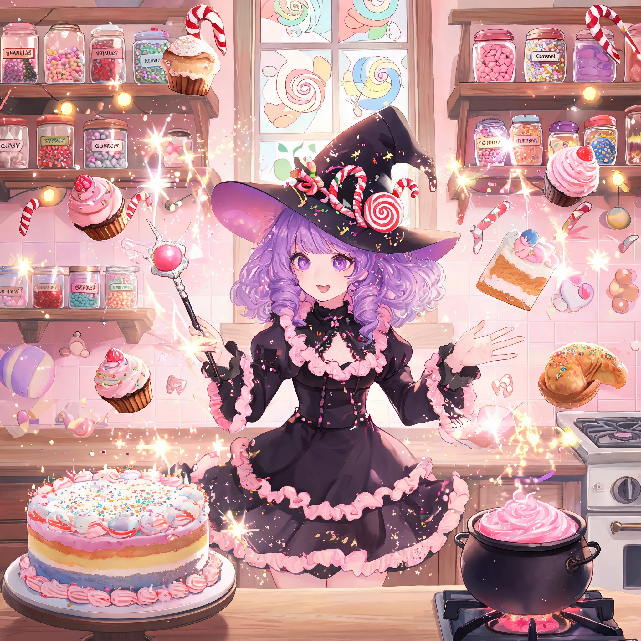 Dessert witch in magical kitchen with candies and cakes, casting spells, floating pastries