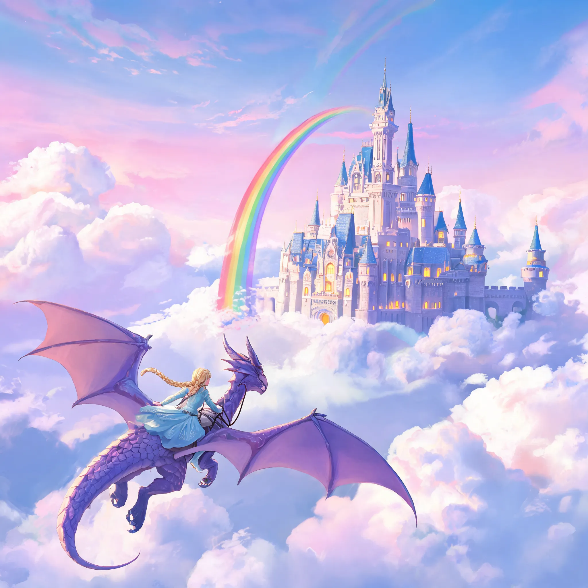 Fantasy castle in clouds, rainbow bridge, girl riding flying dragon approaching castle