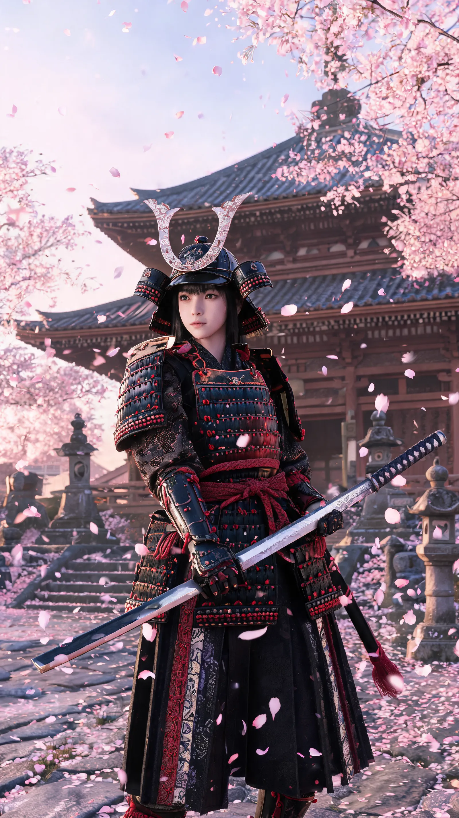 Girl in traditional samurai outfit, holding sword, cherry blossom rain, ancient Japanese temple background