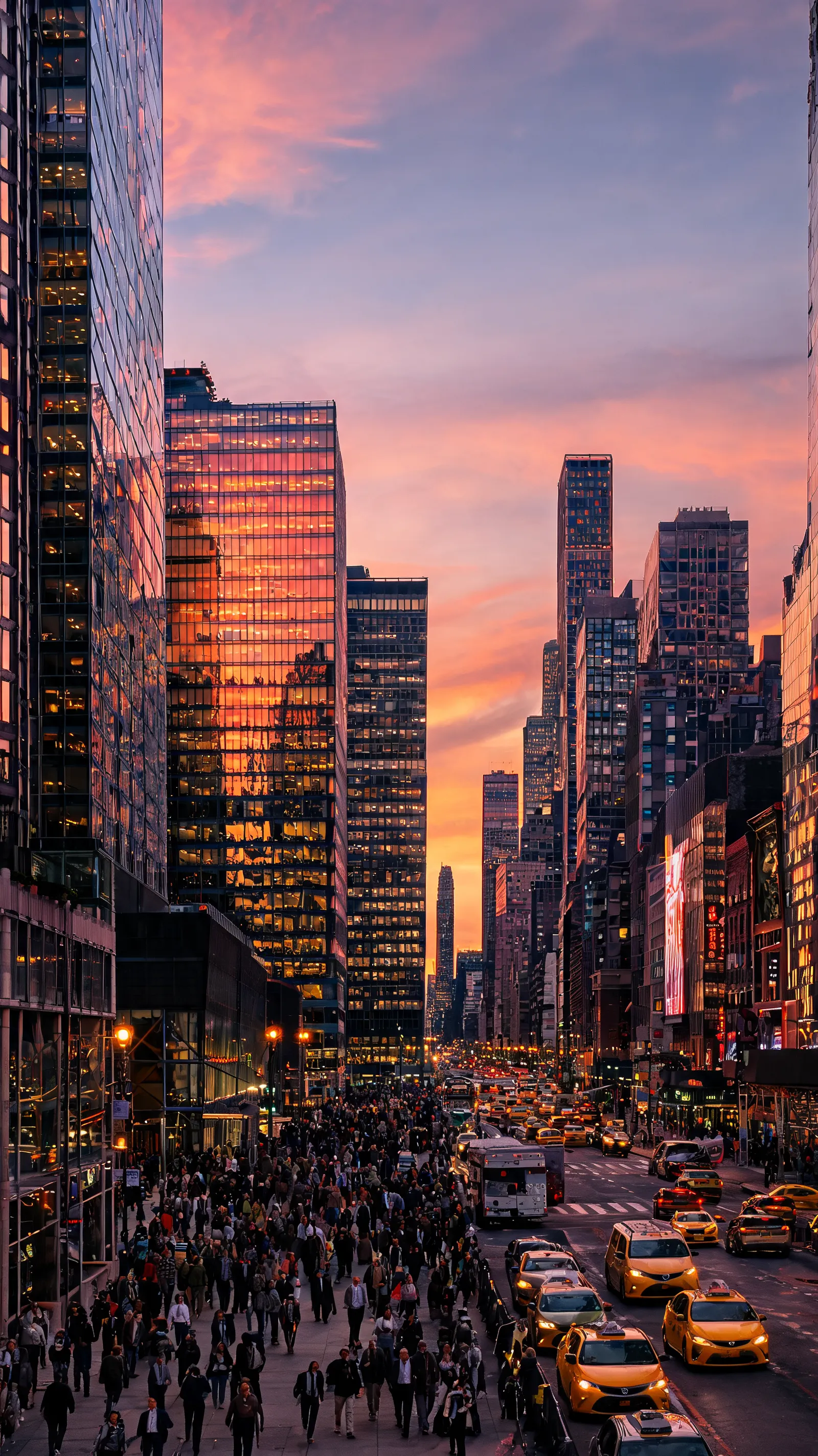 Manhattan at dusk, glass skyscrapers reflecting sunset, busy commuters on the streets below