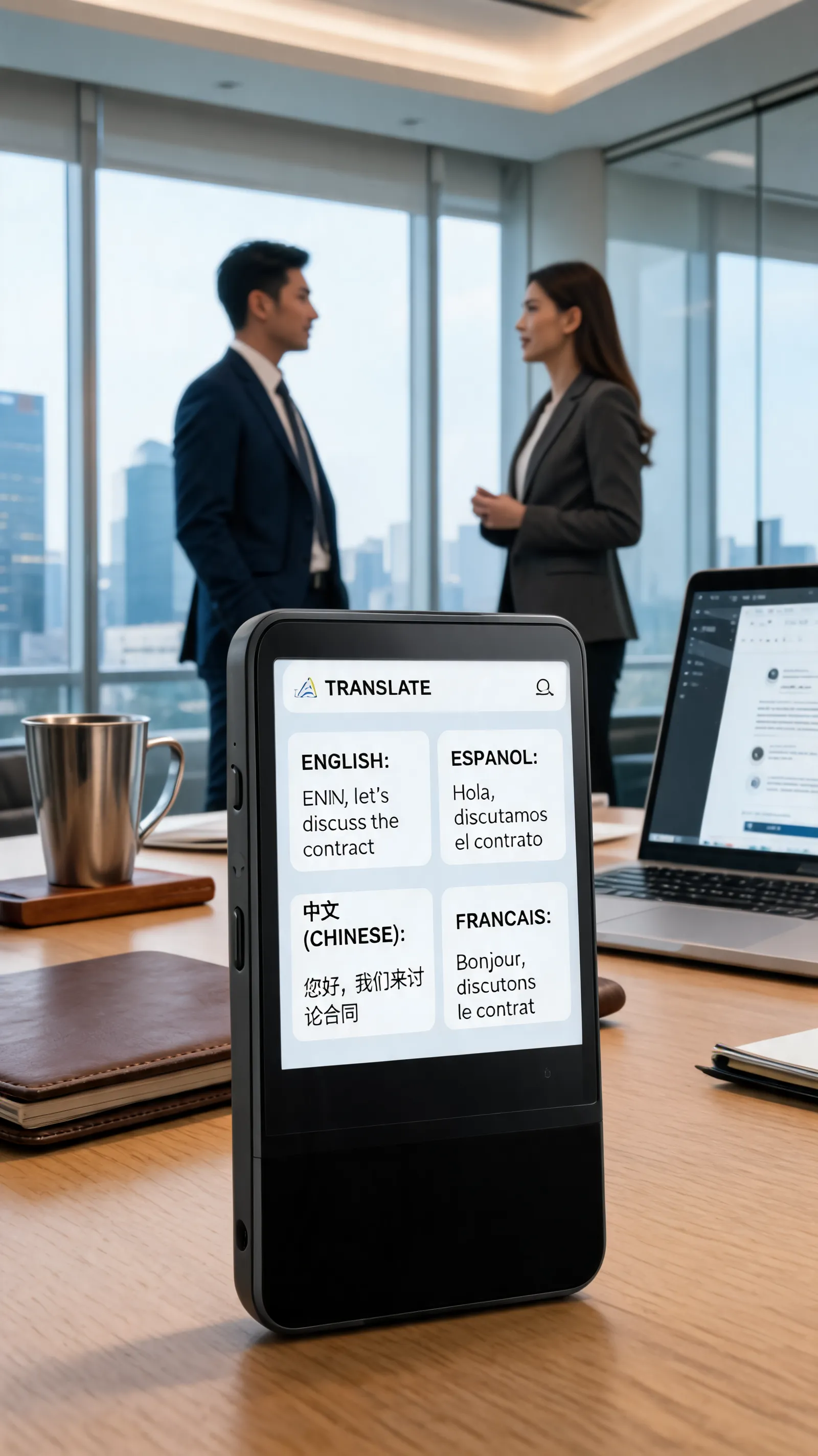 Portable smart translator, matte black metal body, multilingual UI interface, international business setting