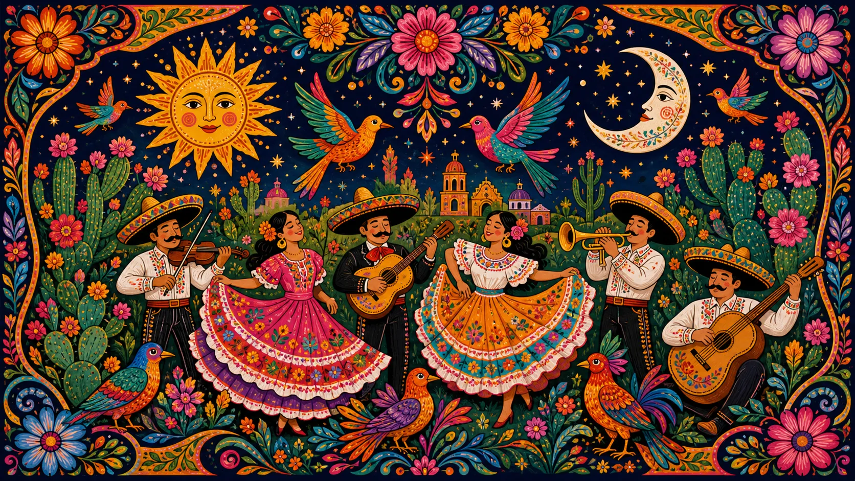 A vibrant celebration featuring musicians, dancers, colorful birds, blooming cacti, suns, moons, and decorative floral patterns. Inspired by traditional Mexican folk art with bold outlines, flat colors, intricate ornamental motifs, joyful energy.