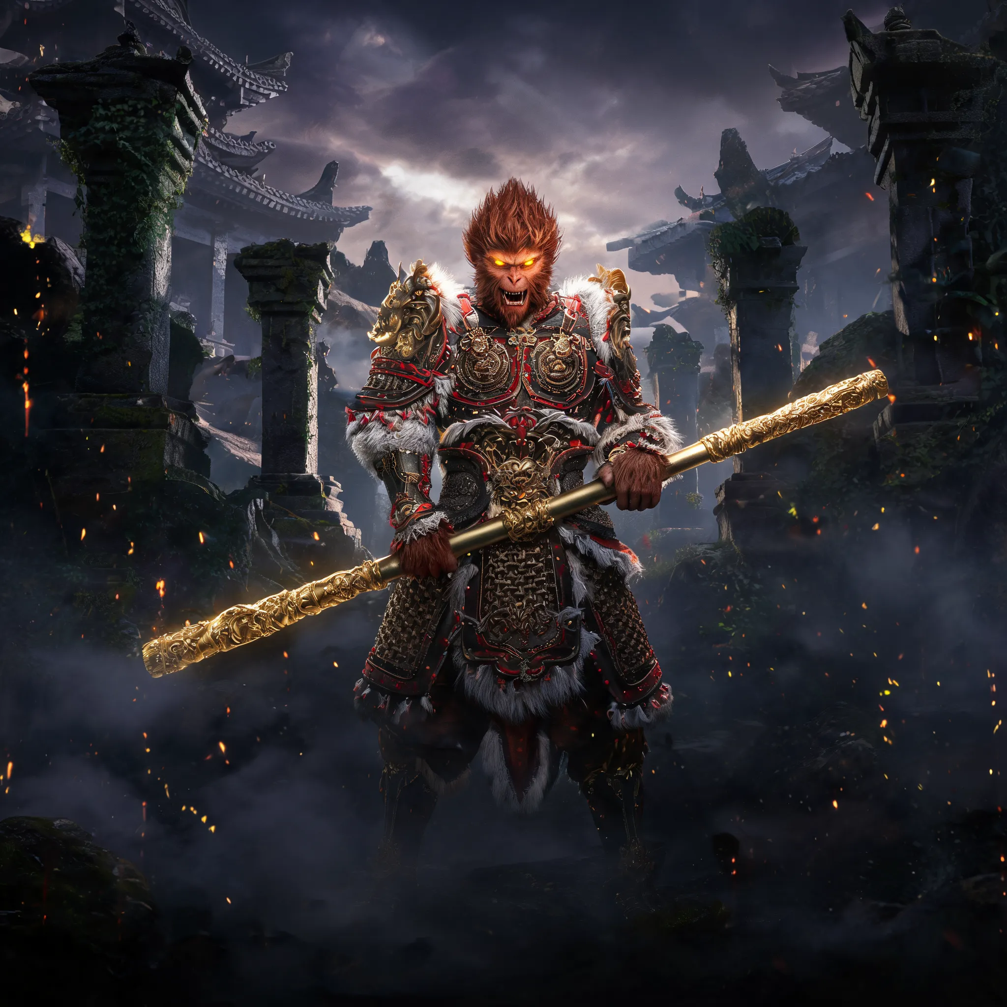 An epic cinematic movie poster of Sun Wukong from Black Myth: Wukong, hyper-realistic, full body shot, wearing intricately detailed dark golden armor with red accents and fur trim, holding his golden staff (Ruyi Jingu Bang), fierce expression, intense gaze, dramatic lighting, dark fantasy atmosphere, ancient Chinese temple ruins in the background, swirling mist and particles, 8k resolution, highly detailed, masterpiece. [citation:2][citation:10]