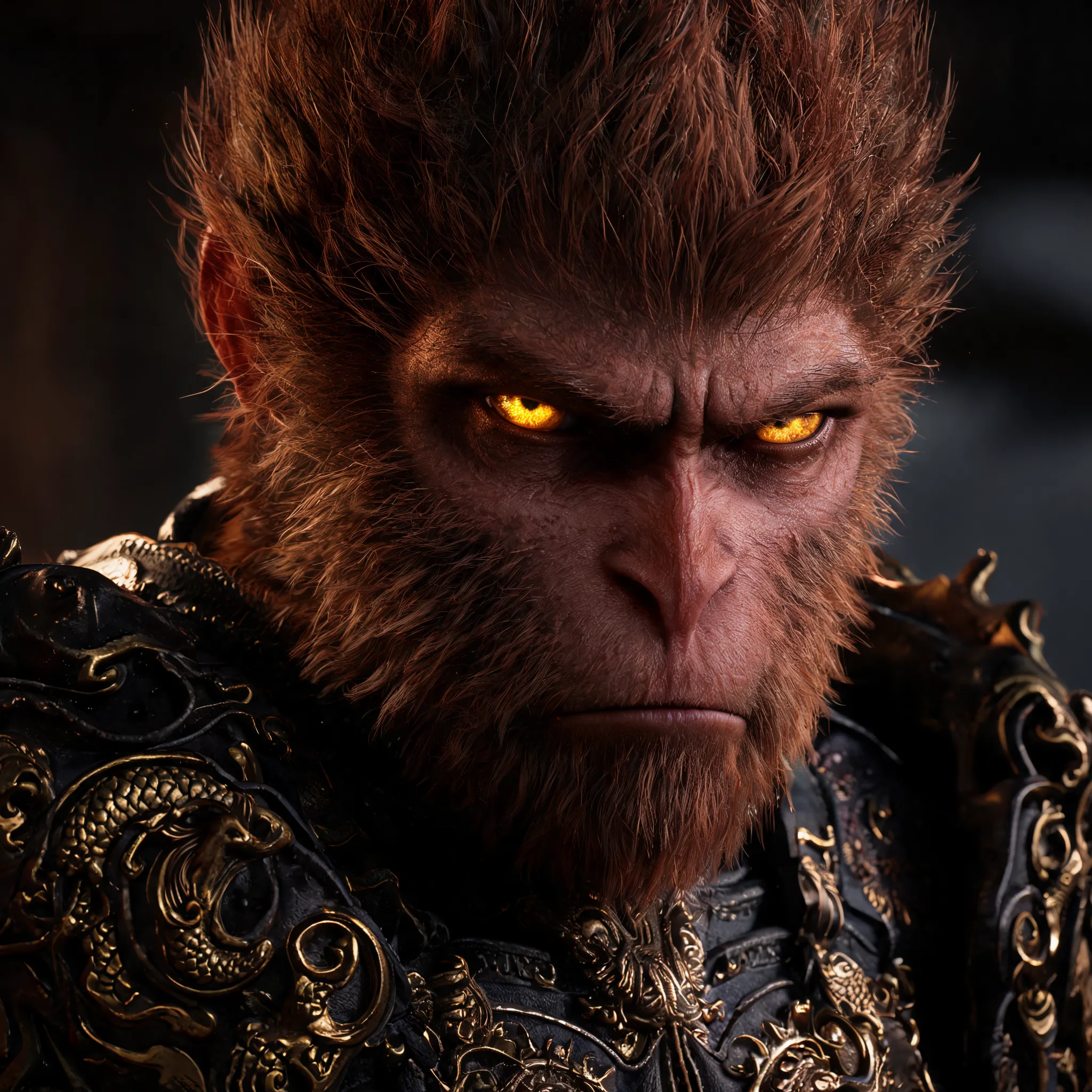 A hyper-realistic close-up portrait of the Monkey King from Black Myth: Wukong, detailed reddish-brown fur, expressive simian facial features, a deep scowl, intense glowing eyes, photorealistic, highly detailed dark armor with intricate gold and bronze dragon motifs, dramatic side lighting, metallic sheen, film grain, 8k, extremely detailed skin and armor texture. [citation:2][citation:10]
