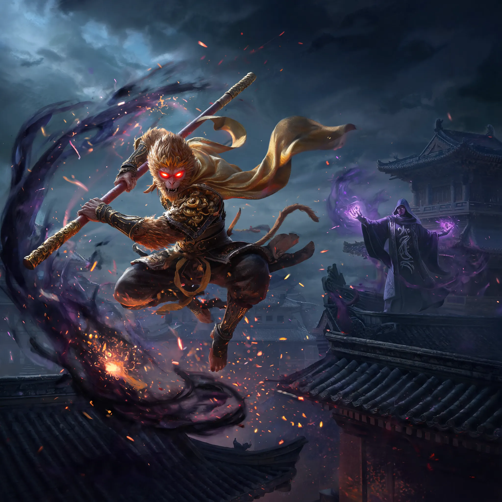 A dynamic action shot of Wukong in a high-stakes battle, dark magic energy swirling around, glowing red eyes, mid-air combat, dynamic pose, particle effects of sparks and embers, mysterious Daoist enemy in the background, ancient Chinese architecture, cinematic lighting, epic fantasy art, dramatic atmosphere, dark color palette, trending on ArtStation. [citation:3][citation:7]