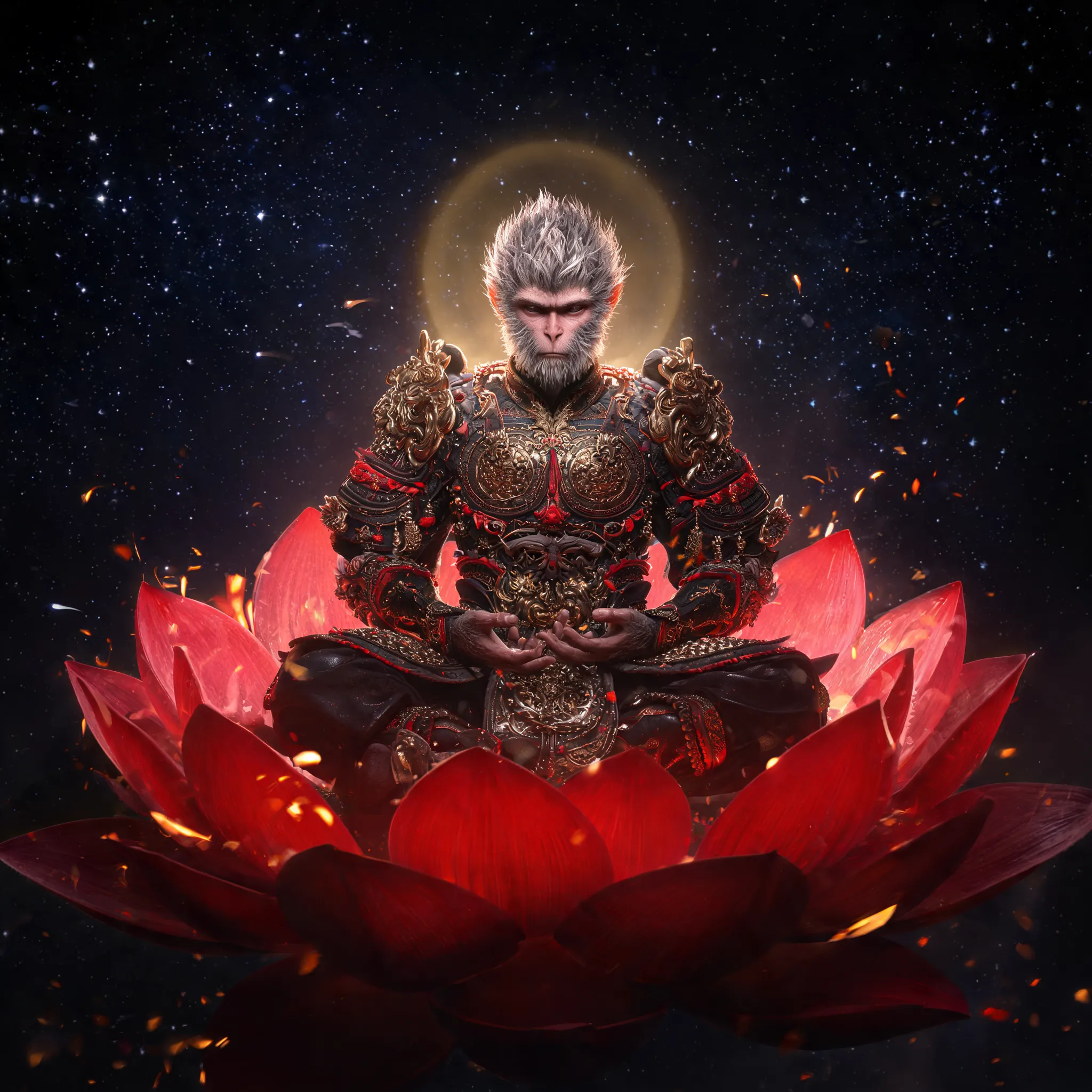 Black Myth: Wukong, seated cross-legged on a giant glowing red lotus flower, floating in a dark starry night sky, golden filigree armor with red accents, silver fur, commanding presence, soft glowing aura behind his head, swirling embers, warm golden lighting contrasting with dark shadows, mystical atmosphere, tranquil yet powerful, fantasy concept art. [citation:7][citation:4]