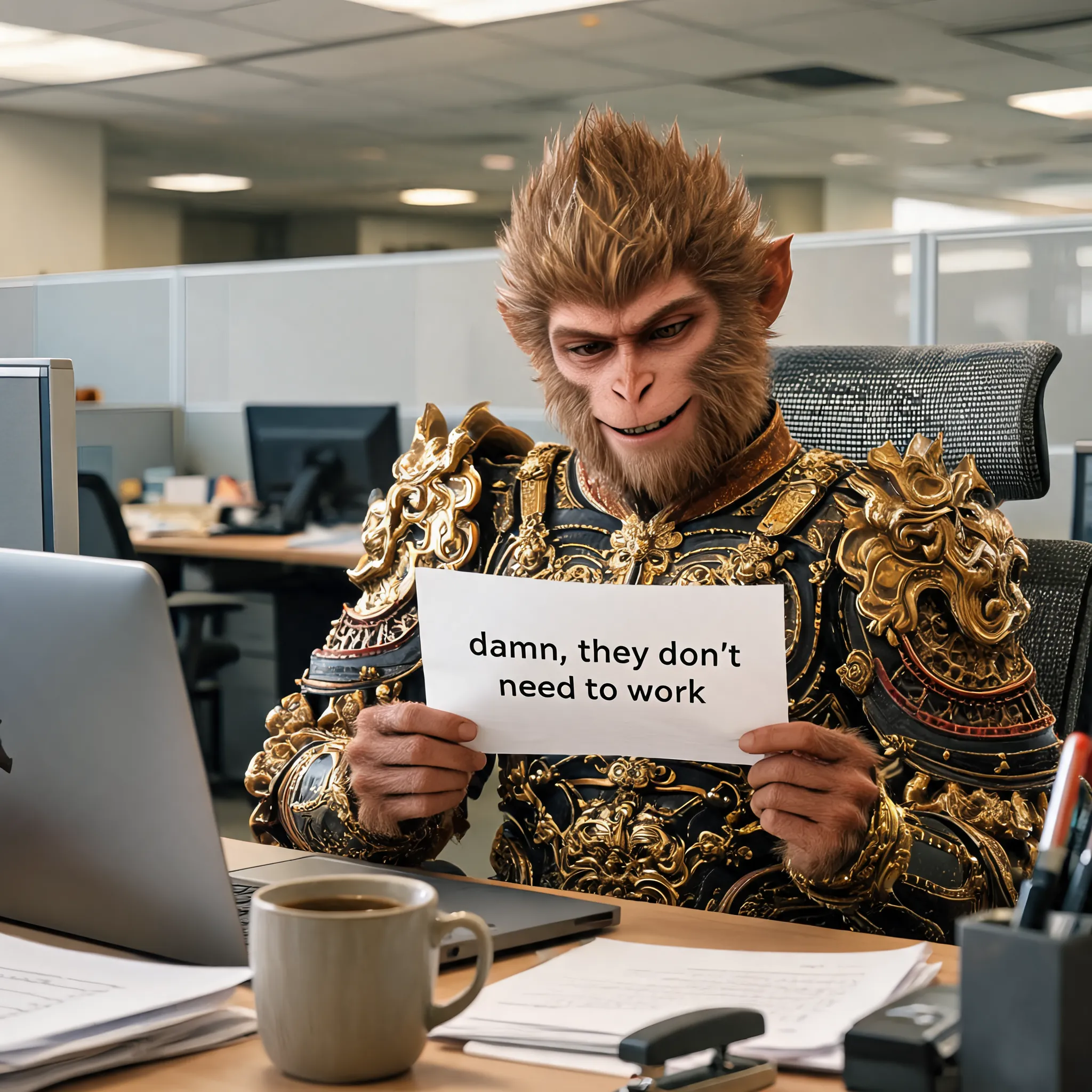 wukong, wearing elaborate golden armor, working in a modern office, sitting at a desk, holding a paper that says "damn, they don't need to work", playful expression, contrast between traditional armor and modern setting, photorealistic, high quality, detailed fur, cinematic lighting. [citation:6]