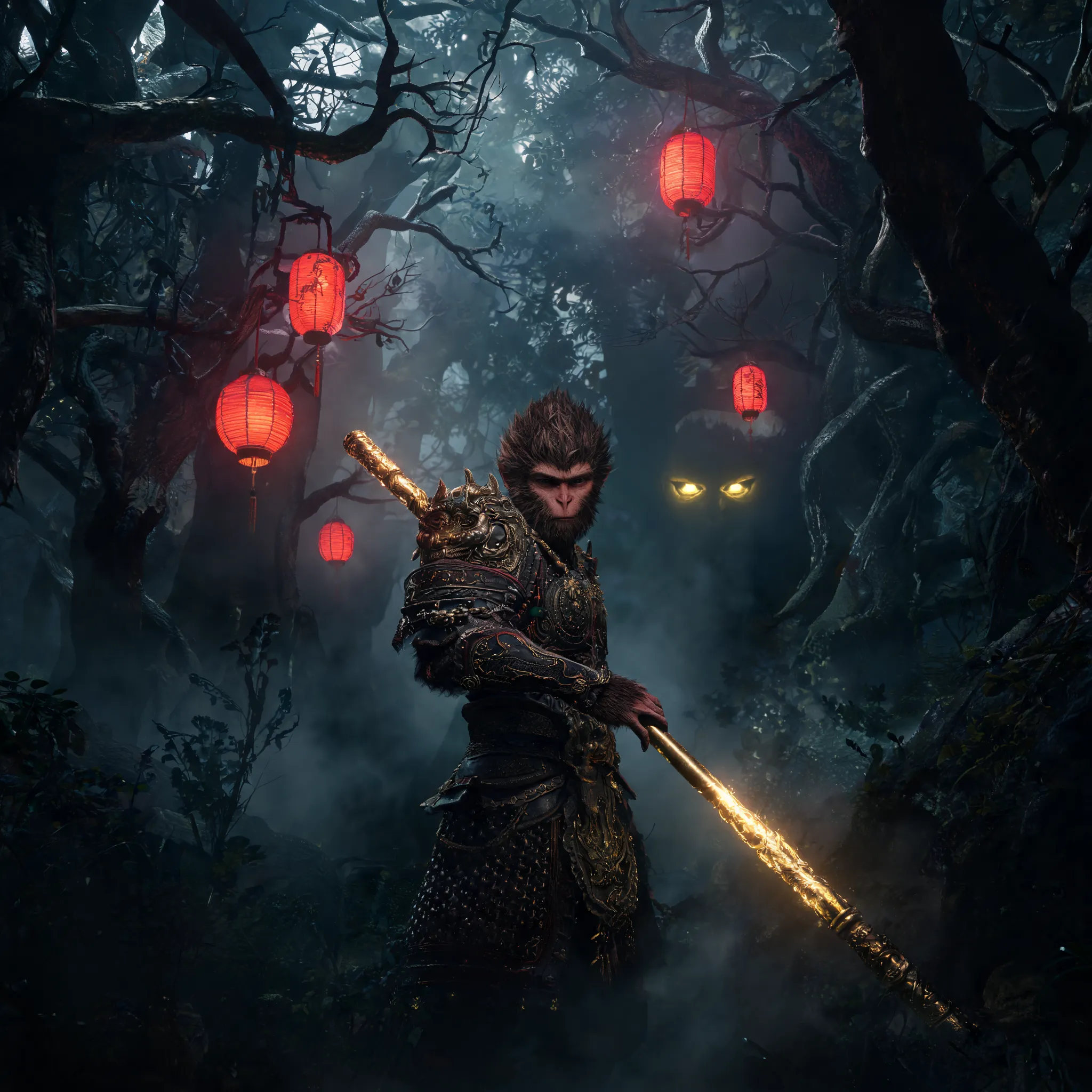 Black Myth: Wukong, Sun Wukong standing cautiously in a dense, misty ancient forest at night, eerie glowing red lanterns hanging from twisted gnarled trees, his golden staff glowing faintly, a pair of menacing glowing yellow eyes staring from the deep shadows behind him, dramatic chiaroscuro lighting, volumetric fog, dark fantasy, photorealistic, 8k, cinematic atmosphere, highly detailed.