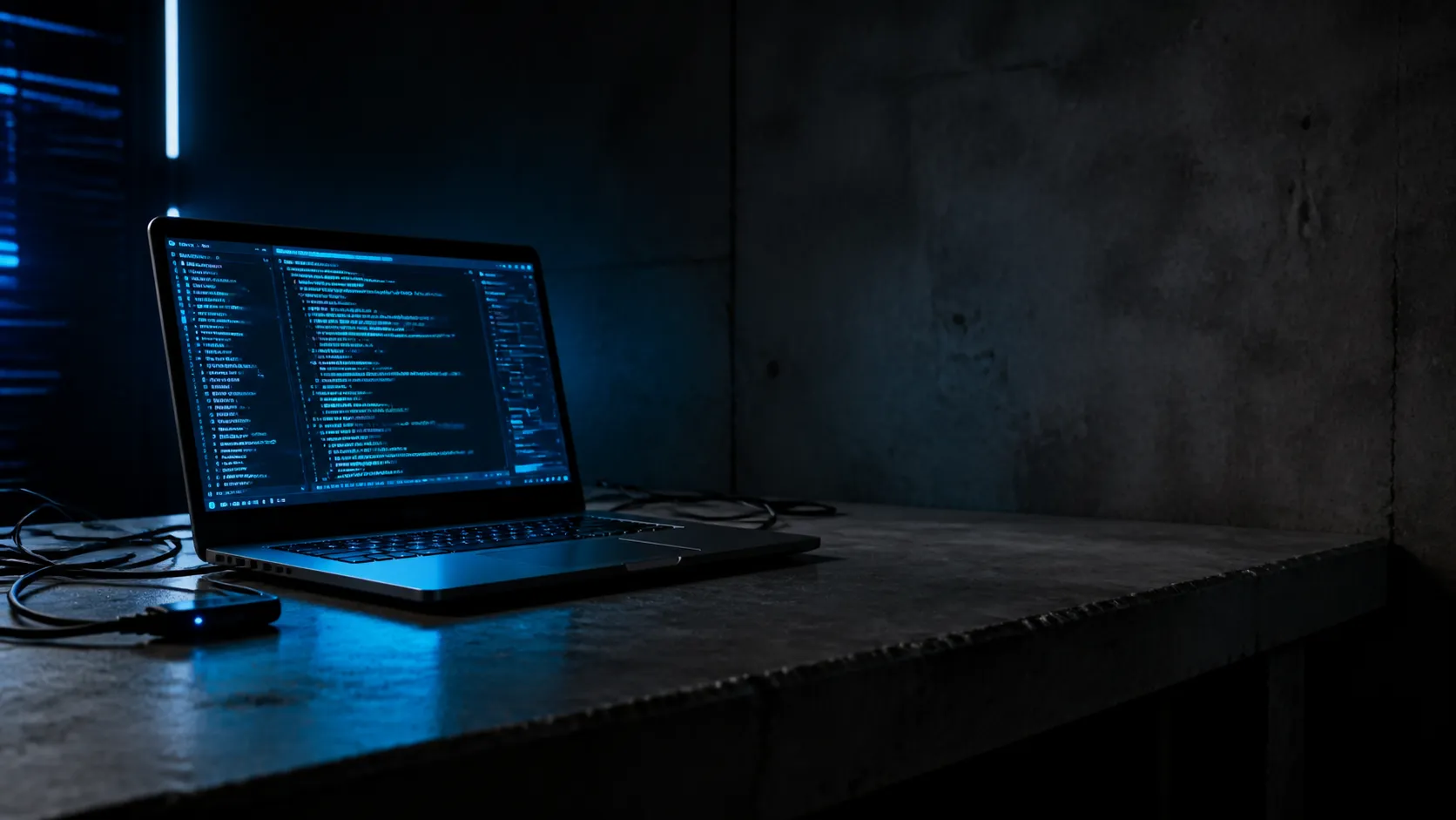 A dark cinematic YouTube thumbnail background for a video about AI, cybersecurity or digital privacy, a lone laptop on a concrete desk in a dim room, glowing code reflections, scattered cables, cold blue monitor light, brutalist tech atmosphere, high contrast composition, empty space on the right side for large title text, realistic but stylized editorial photography, no text, no logo, no watermark Negative prompt: cute, colorful cartoon, clean corporate stock photo, messy unreadable screen text, distorted laptop, fake plastic look, blurry, low quality, watermark, logo --ar 16:9