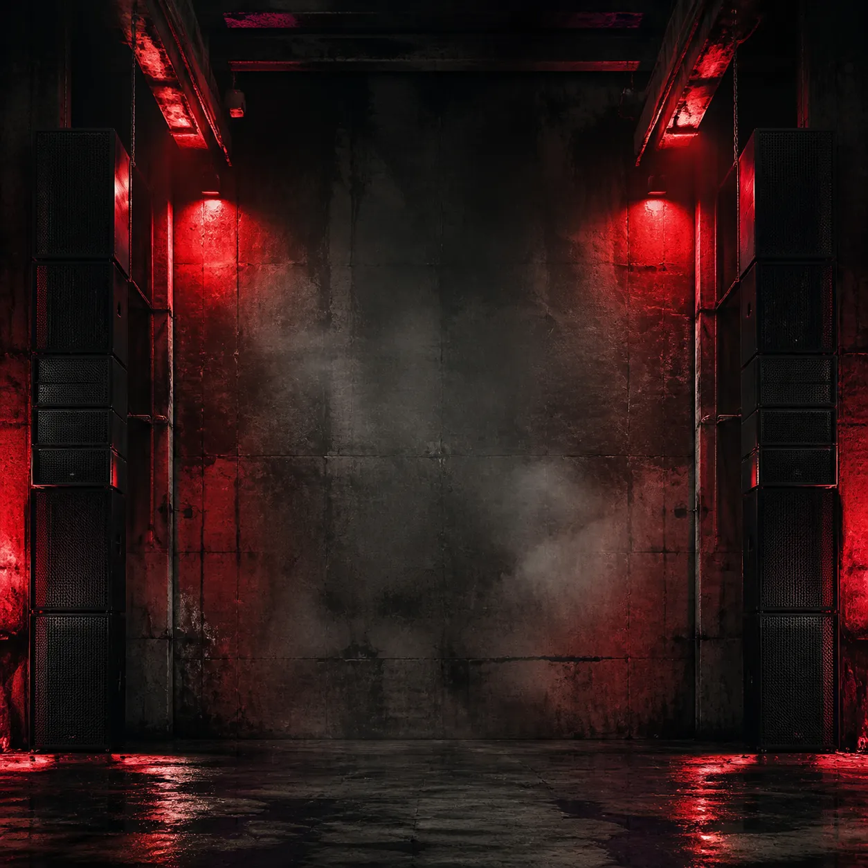 A gritty underground techno album cover background, dark industrial warehouse interior, red emergency light, concrete walls, smoke, metal speakers, raw analog texture, high contrast shadows, brutalist composition, cinematic nightlife energy, square cover art layout, empty center space for album title, no people, no text, no logo, no watermark Negative prompt: cute, fantasy, bright pop colors, EDM festival crowd, readable text, logo, watermark, blurry, low quality, messy composition --ar 1:1