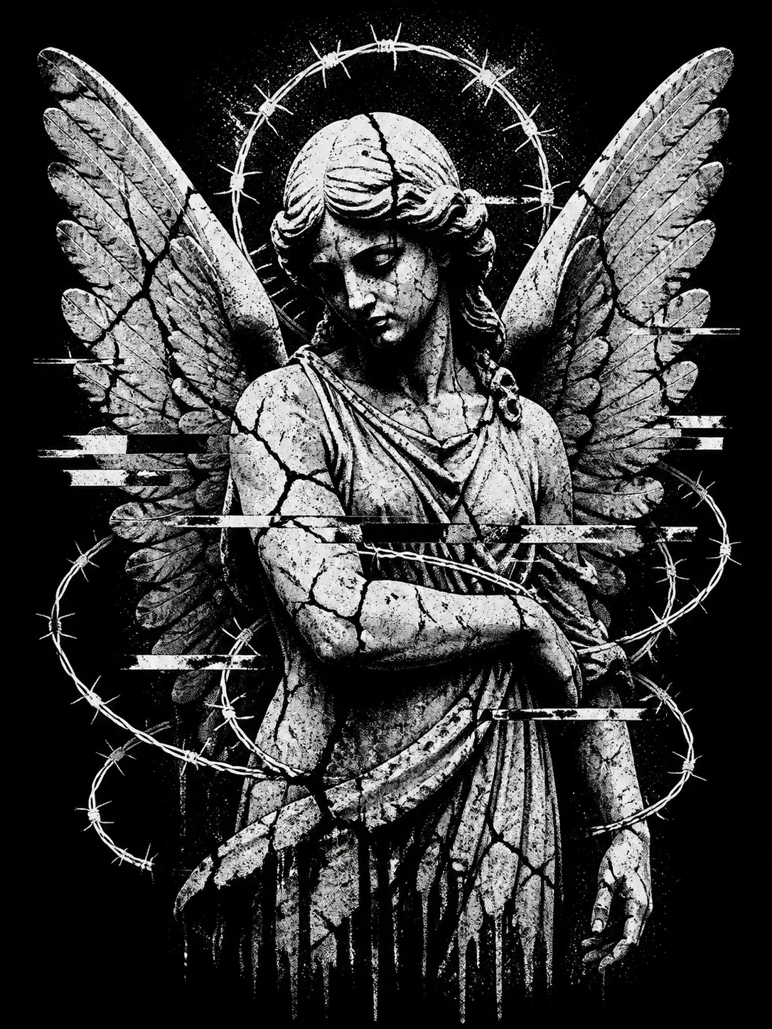 A bold streetwear t-shirt graphic design, black and white brutalist illustration of a cracked concrete angel statue with glitch effects and barbed wire shapes, raw ink texture, distressed screenprint style, strong centered composition, rebellious urban fashion aesthetic, suitable for print-on-demand apparel, no text, no logo, no watermark Negative prompt: cute mascot, colorful cartoon, photorealistic statue, religious propaganda, gore, messy details, low contrast, blurry, low quality, text, logo, watermark --ar 3:4