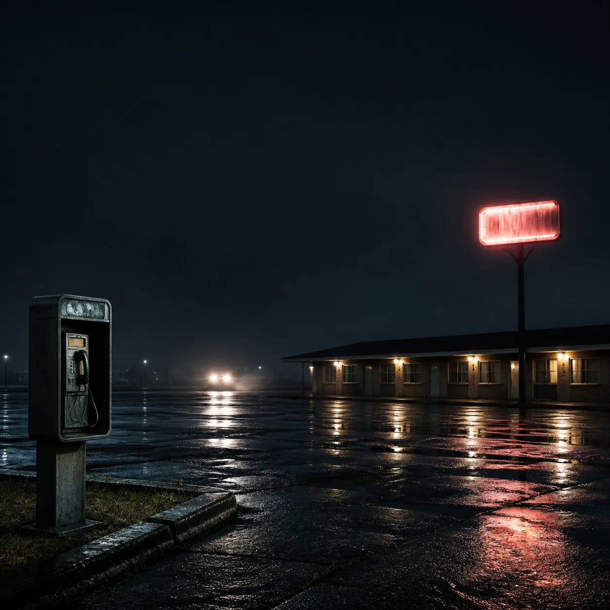 A mature true crime podcast cover background, empty motel parking lot at night, one flickering neon sign, rain on asphalt, abandoned payphone, distant car headlights, quiet suspenseful atmosphere, cinematic editorial photography style, dark but clean composition, large empty space in the upper half for title text, no people, no blood, no text, no logo, no watermark Negative prompt: cute, gore, dead body, horror monster, overly dramatic crime scene tape, readable text, logo, watermark, blurry, low quality, messy composition --ar 1:1