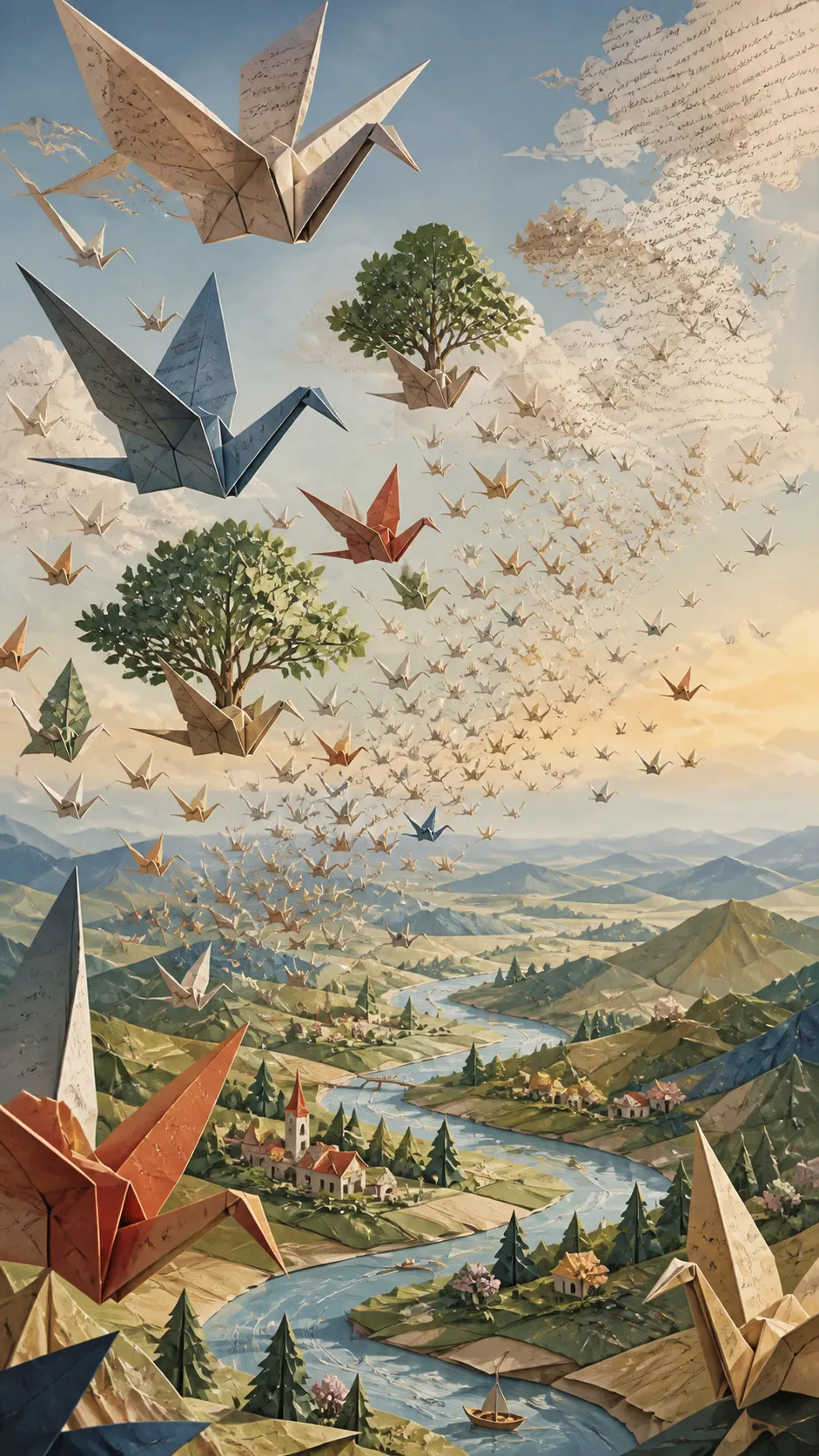 A breathtaking landscape where thousands of giant origami cranes migrate across the sky like living birds. Their folded paper wings cast elegant shadows over rolling hills, rivers, and tiny villages below. Some cranes unfold into floating trees while others dissolve into clouds of handwritten poetry. Handcrafted paper illustration, delicate textures, soft morning light, editorial-quality composition, whimsical storytelling.