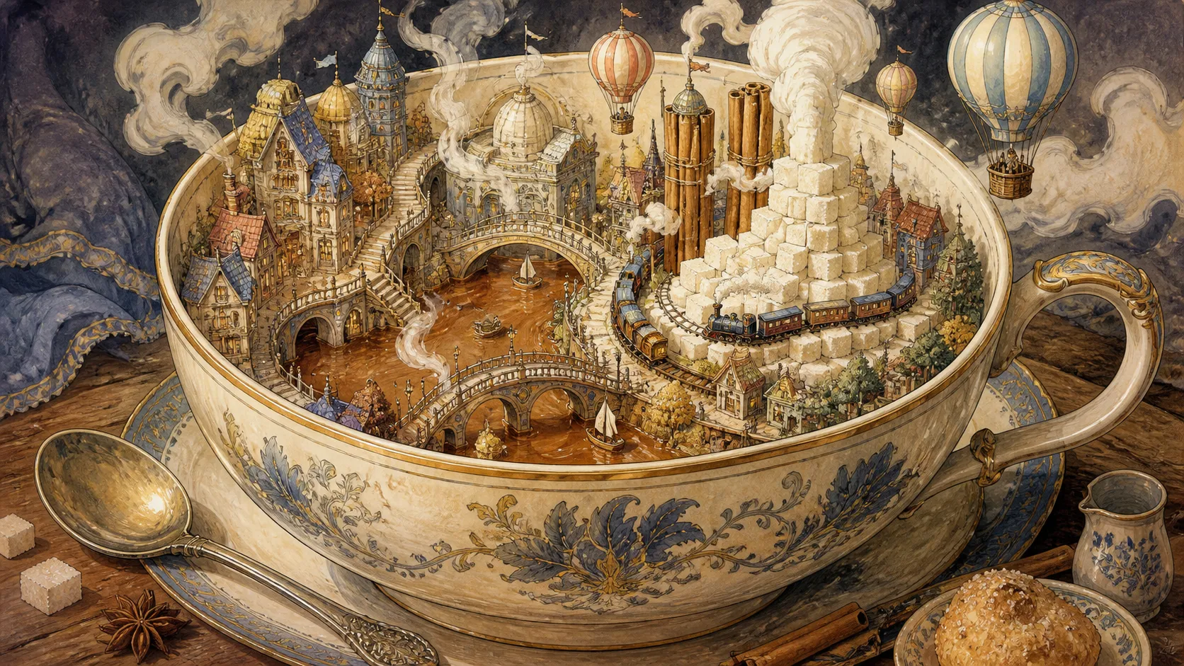 An intricate miniature city built entirely inside an antique porcelain teacup. Tiny bridges span rivers of steaming tea, elegant houses cling to the inner walls, hot air balloons drift above cinnamon-stick towers, and miniature trains circle sugar cube mountains. Highly detailed storybook illustration, gouache and colored pencil textures, magical realism.