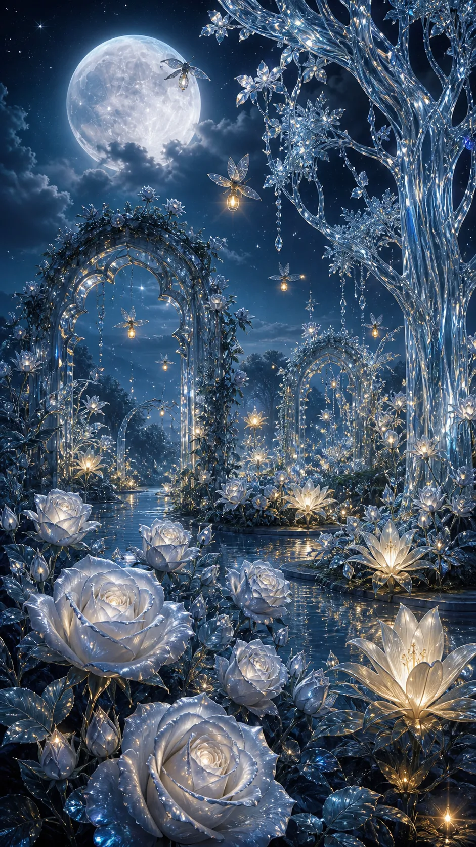 A surreal botanical garden where every flower blooms only under moonlight. Silver roses, glowing lilies, crystal vines, and transparent trees illuminate a peaceful landscape while moths carry tiny lanterns through the night. Dreamlike painterly illustration, soft gradients, poetic atmosphere, gallery-quality artwork.