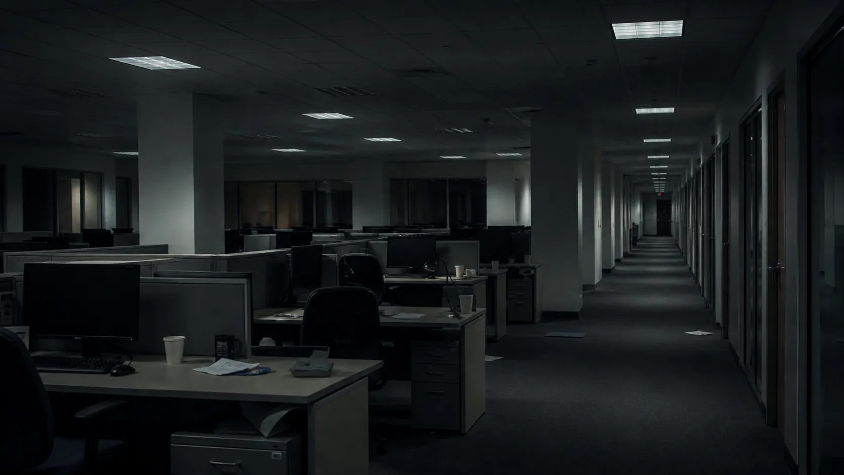 A cinematic liminal office wallpaper, empty open-plan office at 2 AM, fluorescent lights, abandoned desks, old monitors, coffee cups, long hallway perspective, subtle surreal atmosphere, corporate burnout mood, dark editorial style, tactile film grain, realistic but slightly uncanny, clean wide wallpaper composition, no people, no text, no logo, no watermark Negative prompt: cute, cheerful office, corporate stock photo, horror monster, gore, distorted furniture, bad perspective, blurry, low quality, text, logo, watermark --ar 16:9