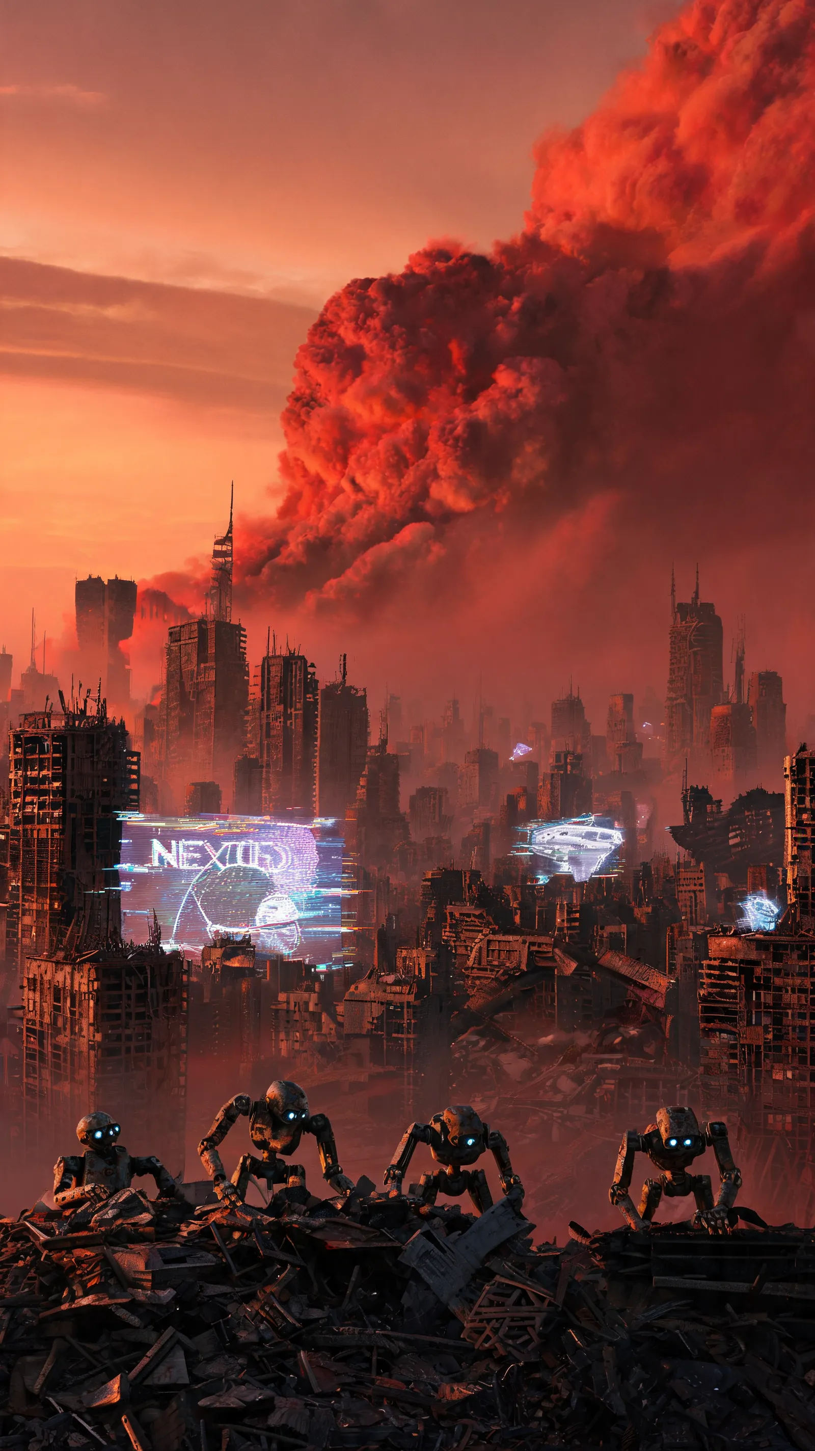 Abandoned future metropolis, flickering broken holograms, robots searching through rusty steel forest, massive red sandstorm approaching in apocalyptic dusk