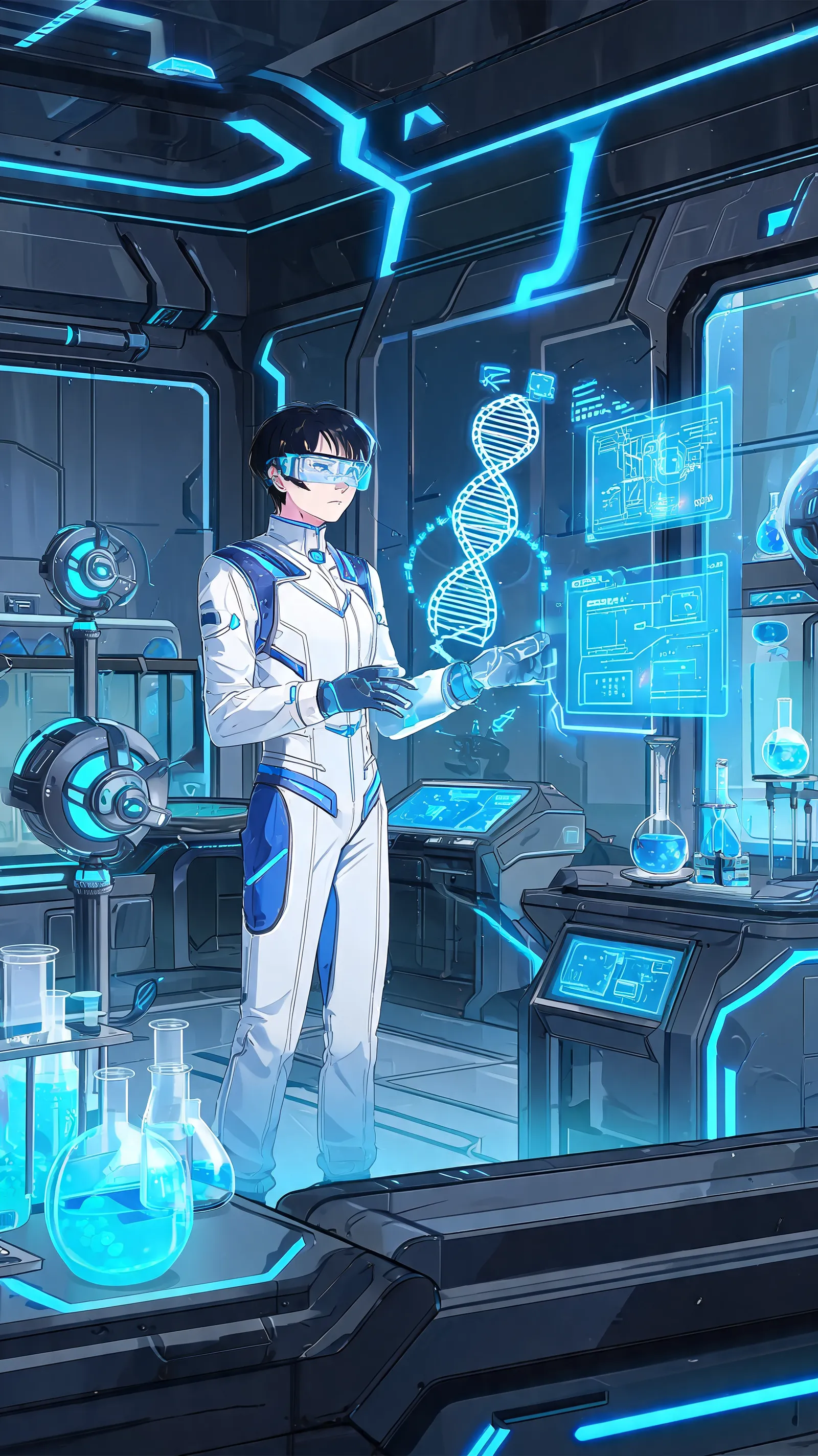 Futuristic laboratory, holographic projections, scientist in future uniform, sci-fi manga style equipment